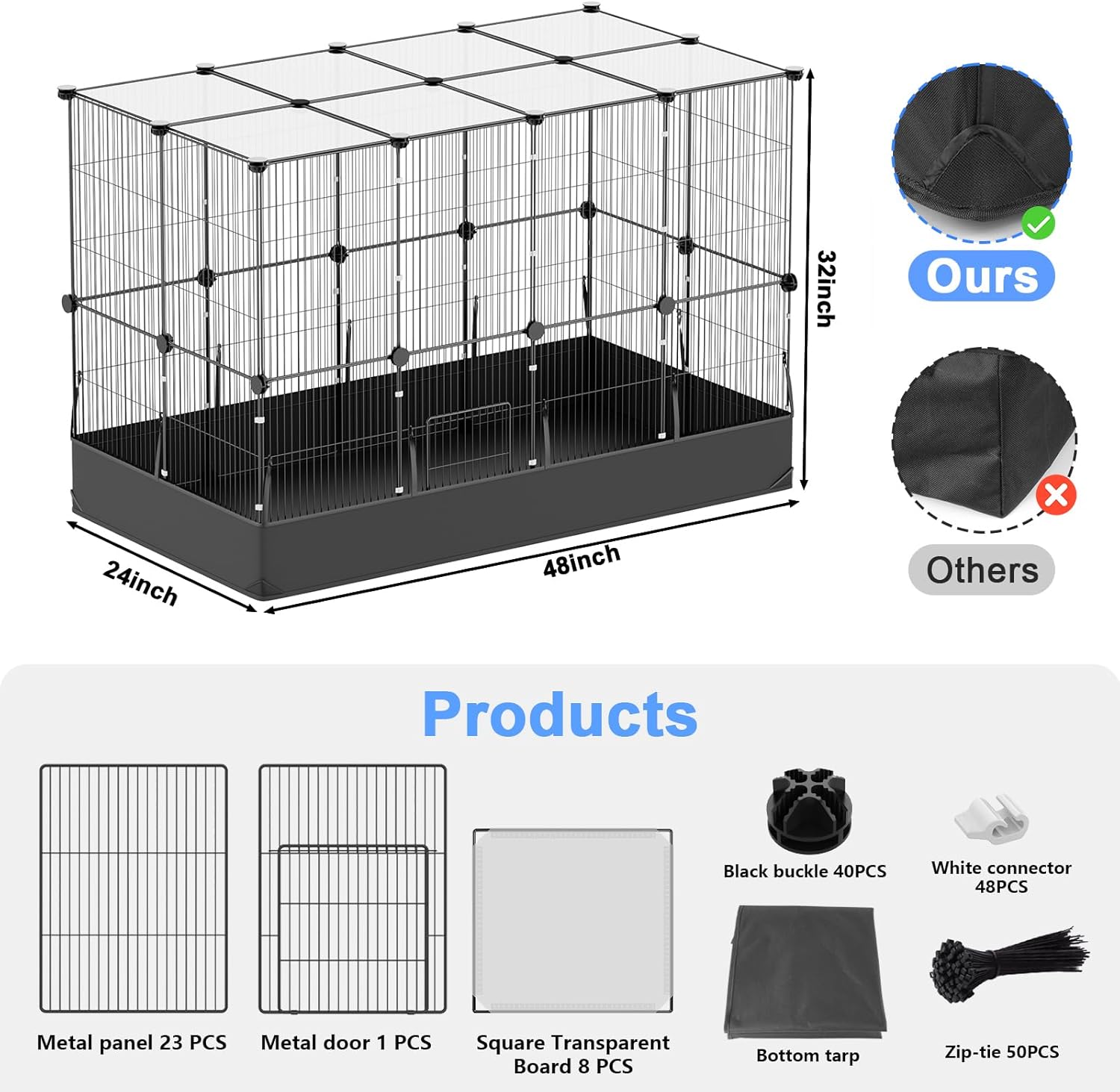 Tresbro Guinea Pig Cage with Waterproof PVC Bottom Liner & One-Hand Release Hook, Triple Fixing C&C Cage for Guinea Pigs, Bunny, Rabbit, Hedgehog, Small Animal Indoor Playpen 48''L x 24''W x 31.5''H