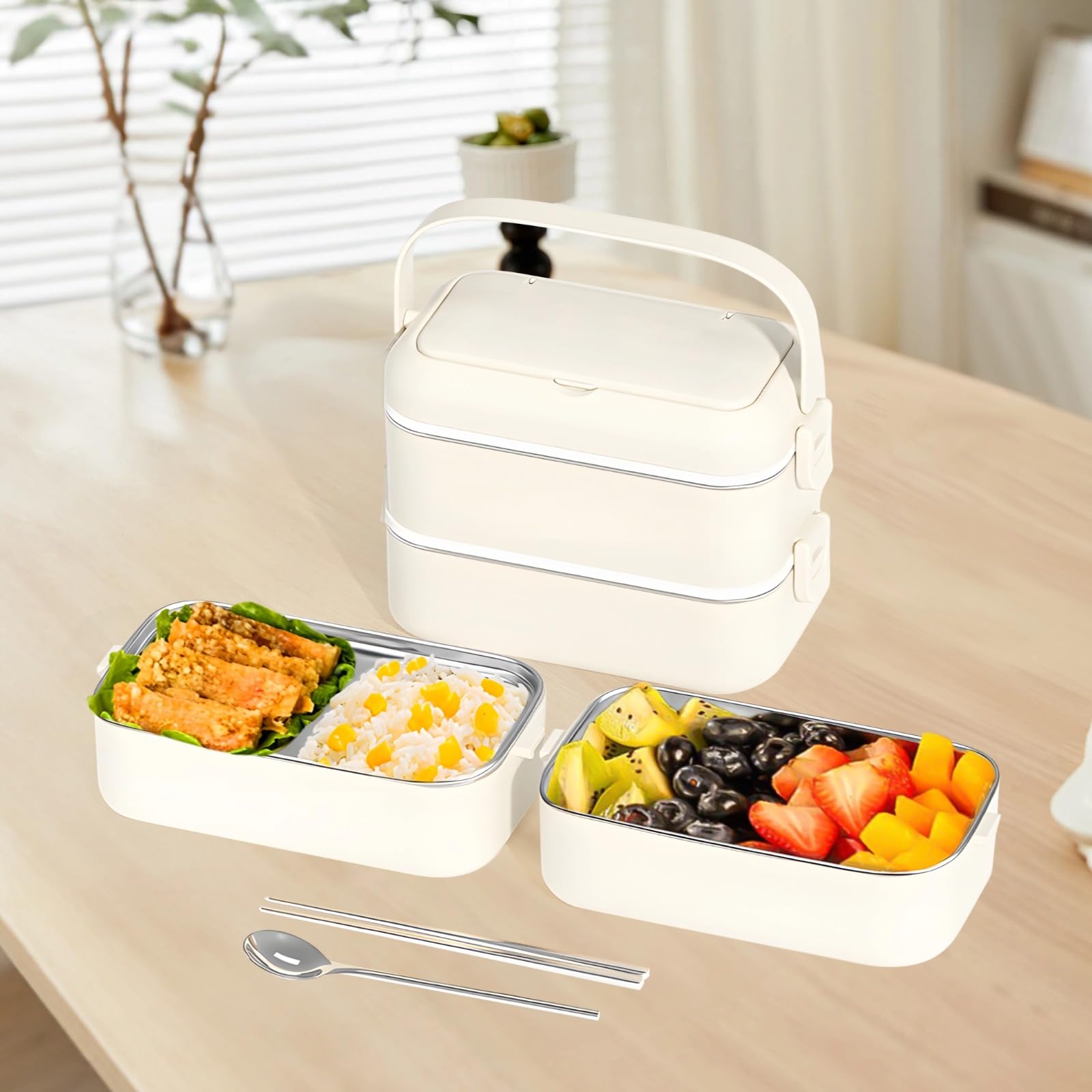 Boîte bento en acier inoxydable 304, grande capacité format XL, compatible micro-ondes, avec cuillère et baguettes, lunch box polyvalente pour le travail, l'école et les repas de tous les jours