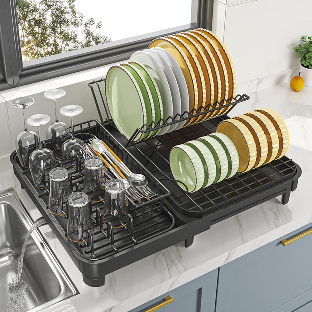 YunNasi Escurreplatos Extensible 32-52,5 cm, Escurridor Platos | Grande, en Acero al Carbono, Con Bandeja Recogegotas, Portacubiertos