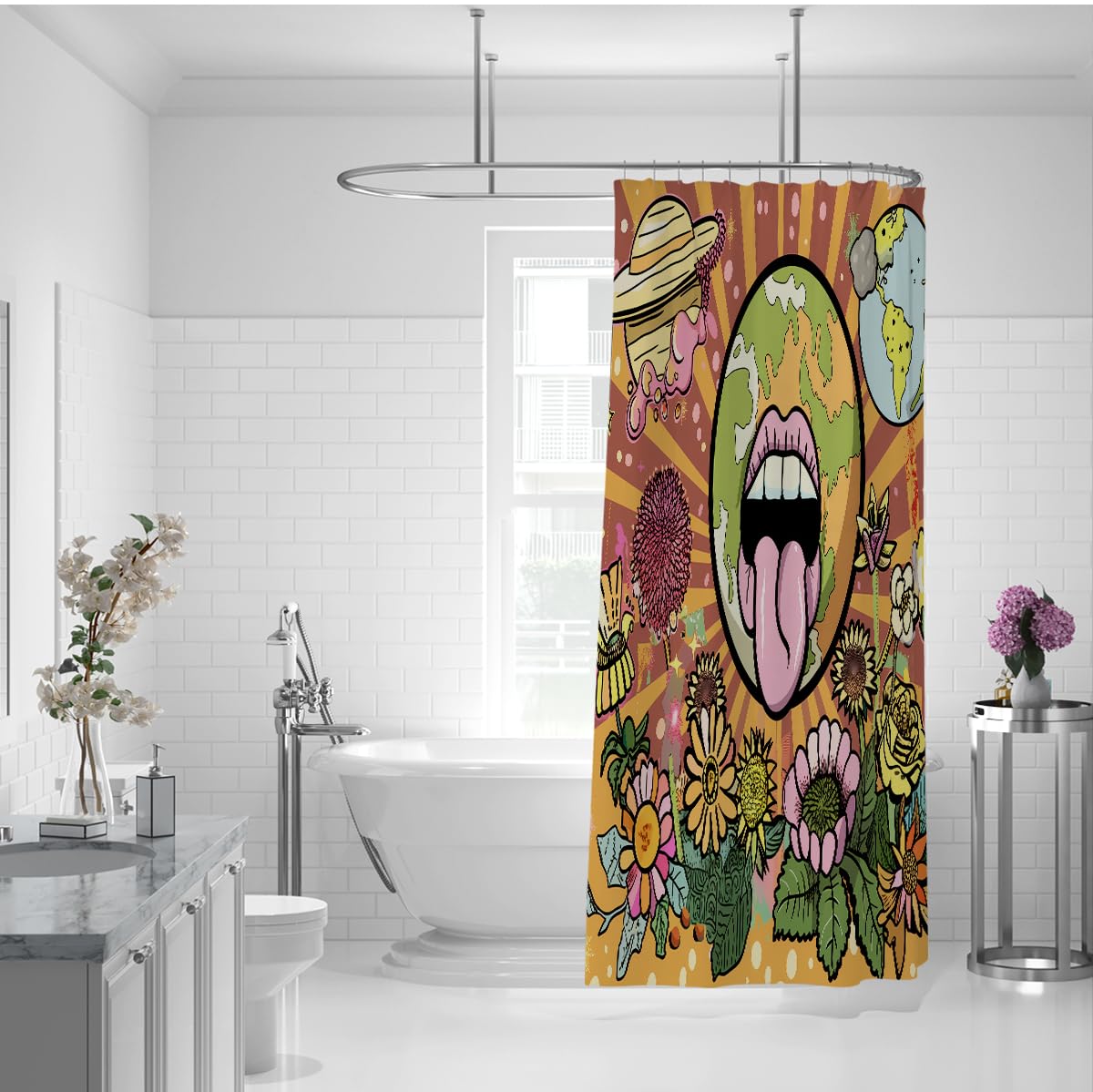 Rideau de Douche Bouche Florale Graffiti Hippie rétro 180 x 180 cm