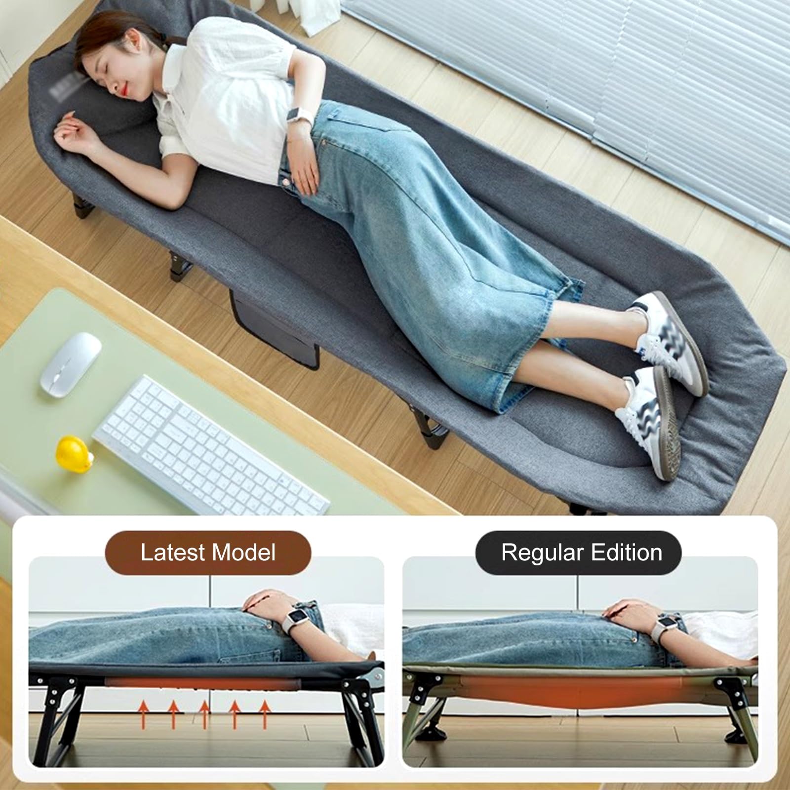 Letto Campeggio Adulti con Cuscino, Lettini da Campeggio, Letto Pieghevole Portatile per Dormire, Brandina Pieghevole con Materasso, Schienale Regolabile a 6 Livelli, Supporta(70cm)