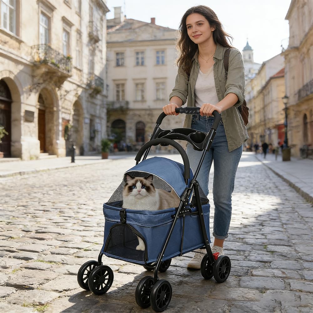 Odpinany wózek dla zwierząt 97 x 49 x 69 cm, wózek transportowy dla psa i kota, składany za pomocą 1 kliknięcia ze zdejmowanym koszem i osłoną przeciwsłoneczną (niebieski)
