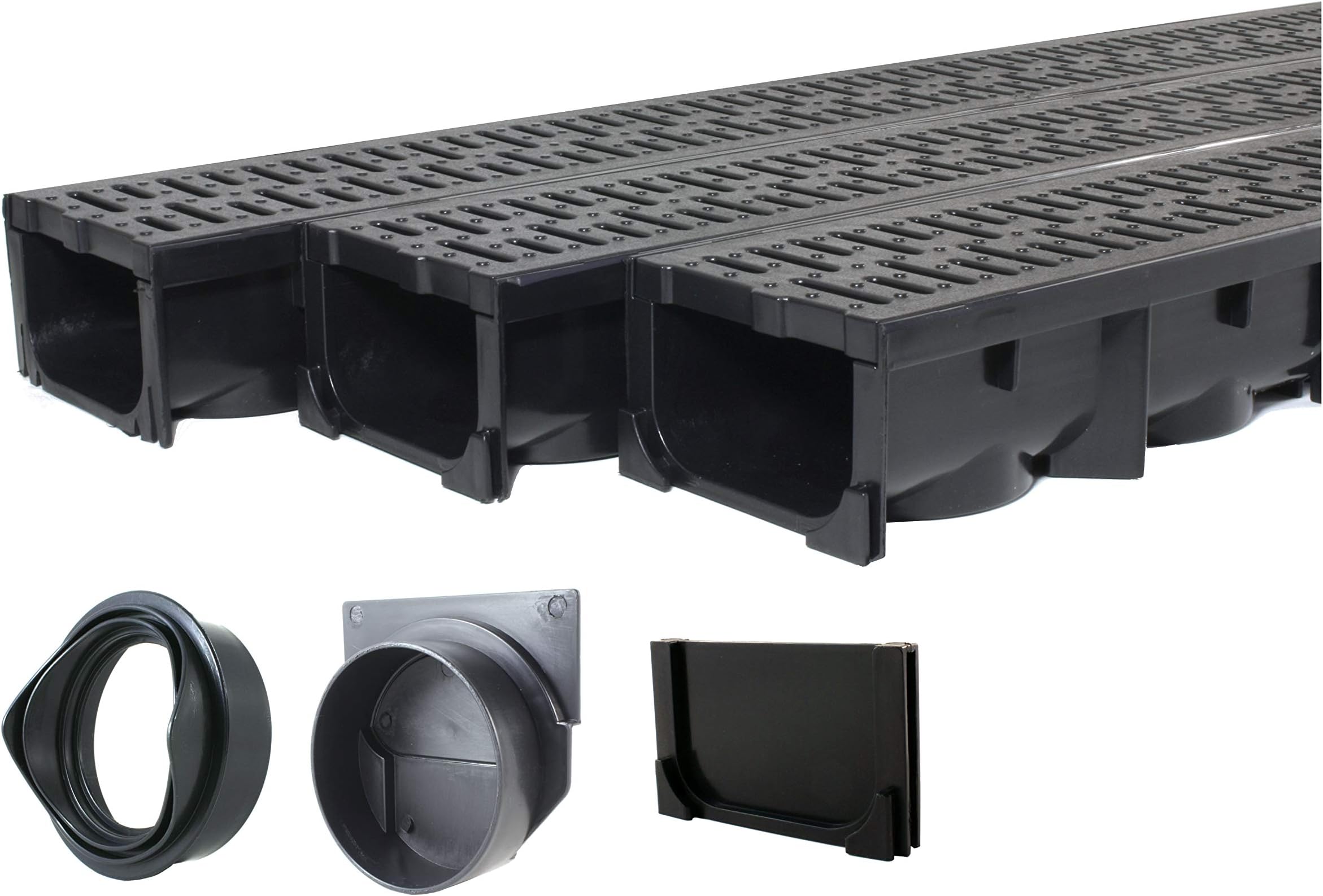 Model UA-100 - Drainage Trench Set - Channel Drain With Grate - Black Plastic - 3 x 39" - (117" Total Length)