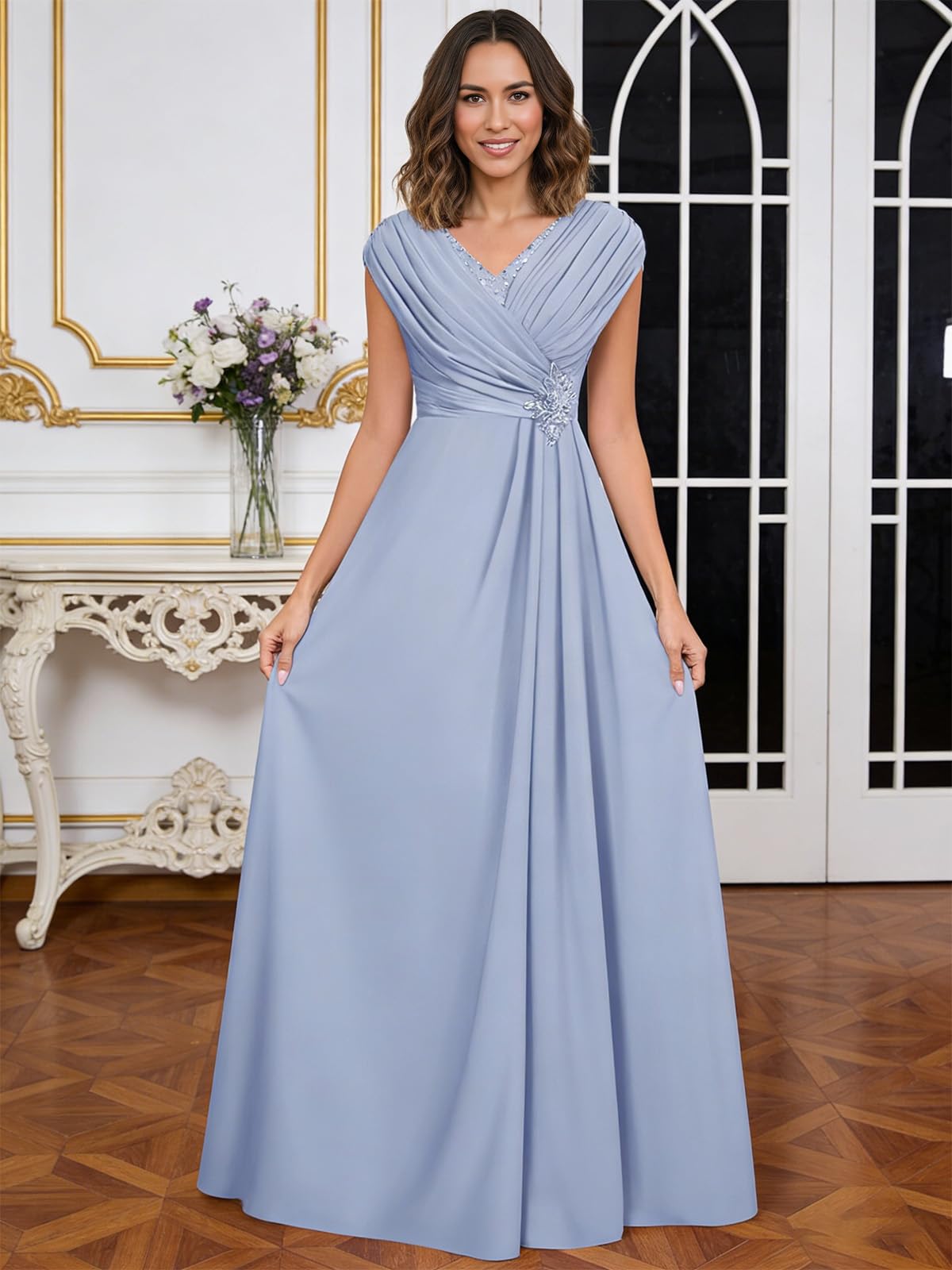HUINI Chiffon Mutter der Braut Kleider für Hochzeit Cap Ärmel Plisserte A Linie formelle Abendkleider