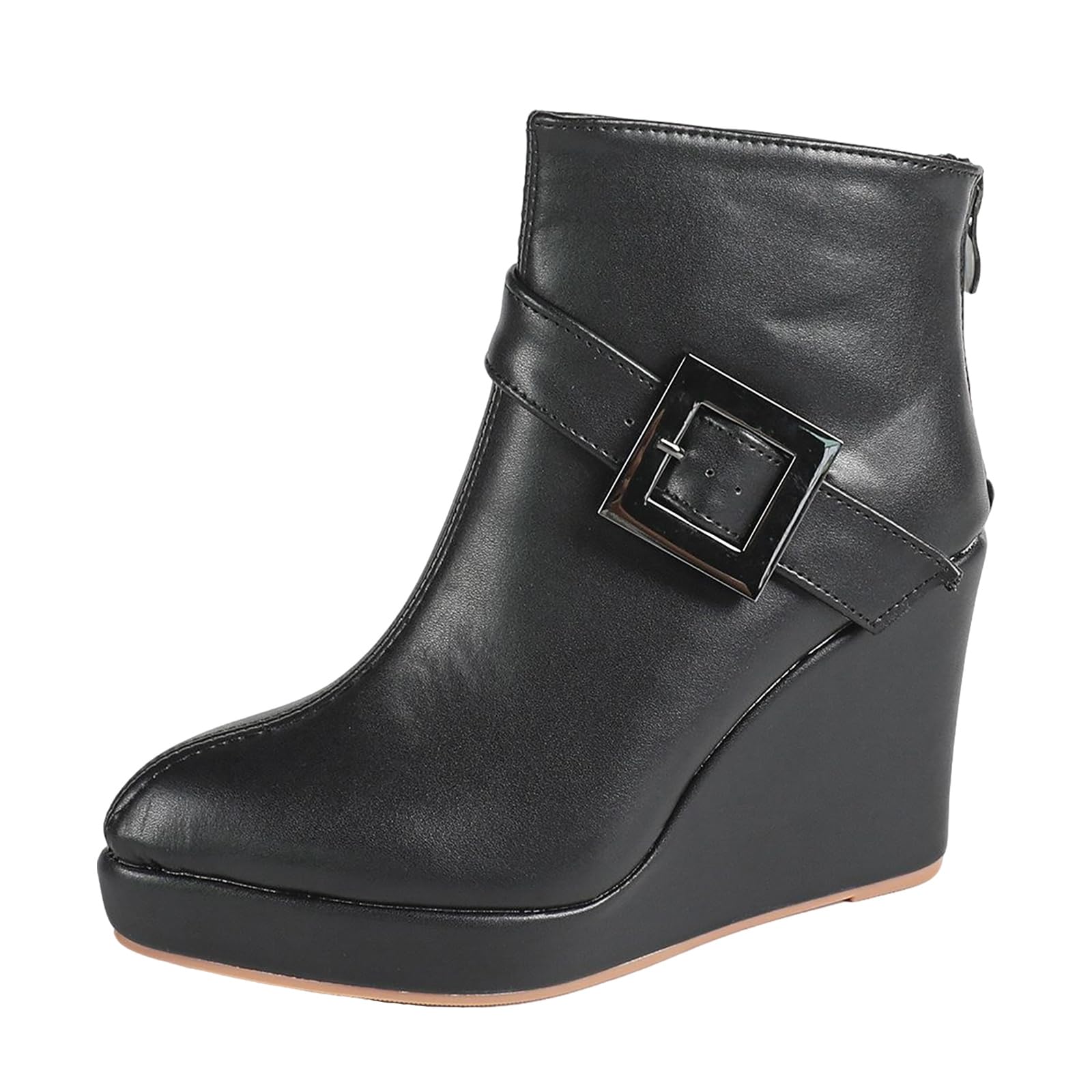 Womens Leather Platform Wedge Ankle Boots With Back Zipper 3 93 Inches Fashion Pointed Toe Decorative Metal Buckle