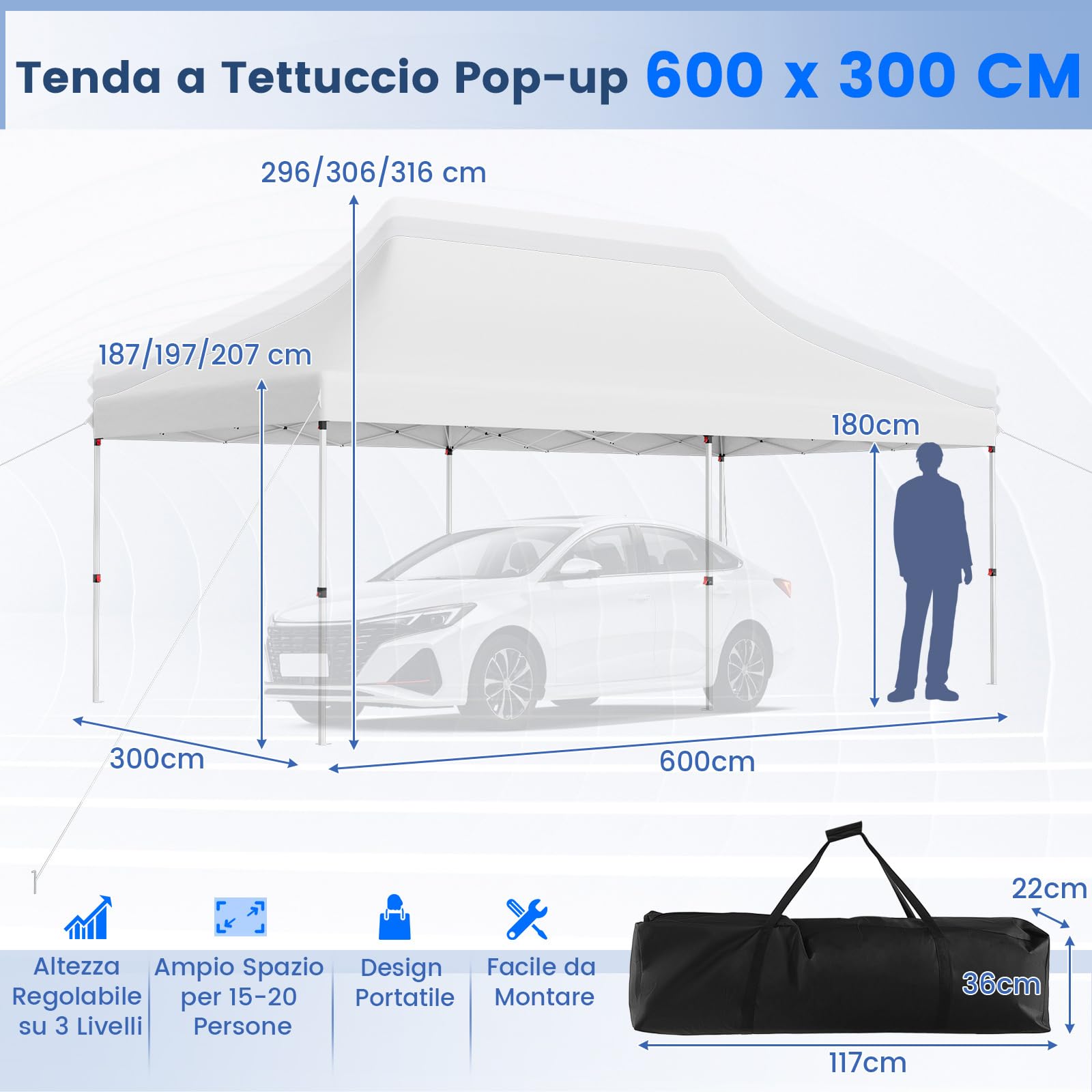 RELAX4LIFE Gazebo Pieghevole Pop-Up 3x6M con Altezza Regolabile, UV50+, 12 Picchetti, 6 Corde/Sacchi di Sabbia, Resistente per Feste e, Matrimoni,Giardino