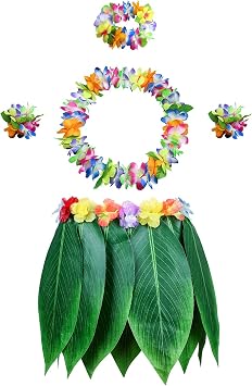 Leaf Hula Skirt with Hawaii Leis Grass Skirt and Artificial Hibiscus Flowers Costume for Beach Hawaiian Luau Tiki Party Color 1