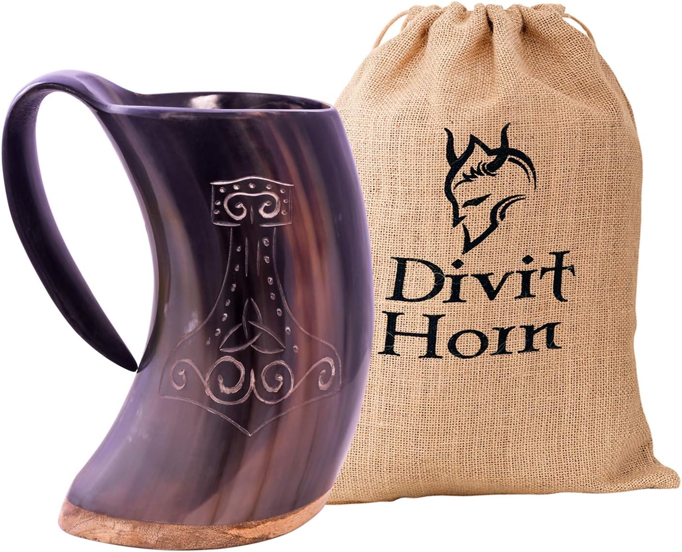 Divit Genuine Viking Drinking Horn Mug | Authentic Medieval Beer Horn Tankard | 24oz capacity horn Cup/Stein. (Mjolnir, Polished)