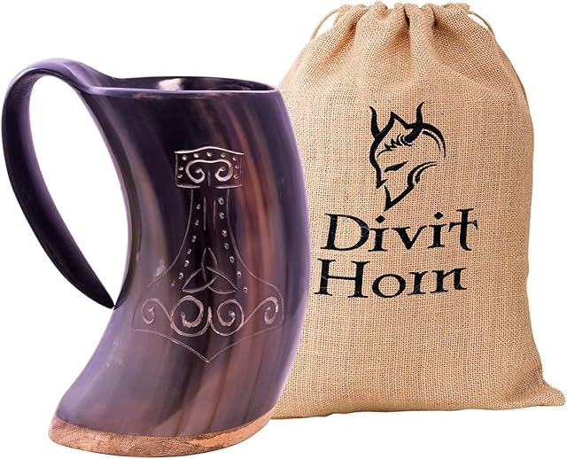 Divit Genuine Viking Drinking Horn Mug | Authentic Medieval Beer Horn Tankard | 24oz (700 ml) capacity horn Cup/Stein. (Mjolnir, Polished)