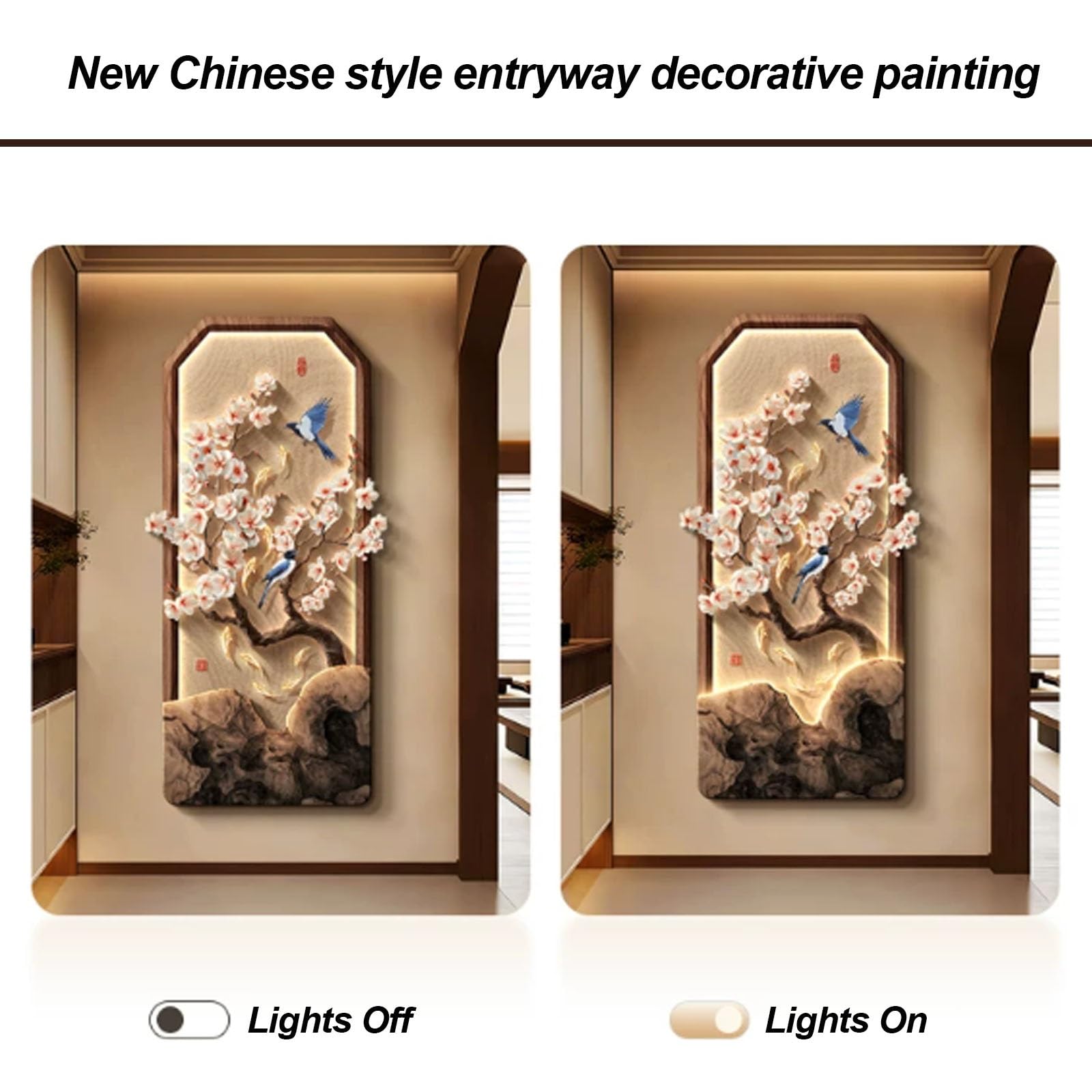 3D-Wandbild aus Sandstein mit LED-Beleuchtung, dekoratives Gemälde im chinesischen Retro-Stil für den Eingangsbereich, rahmenloses Wandbild mit Netzstecker, rahmenlose Wandgestaltung für das