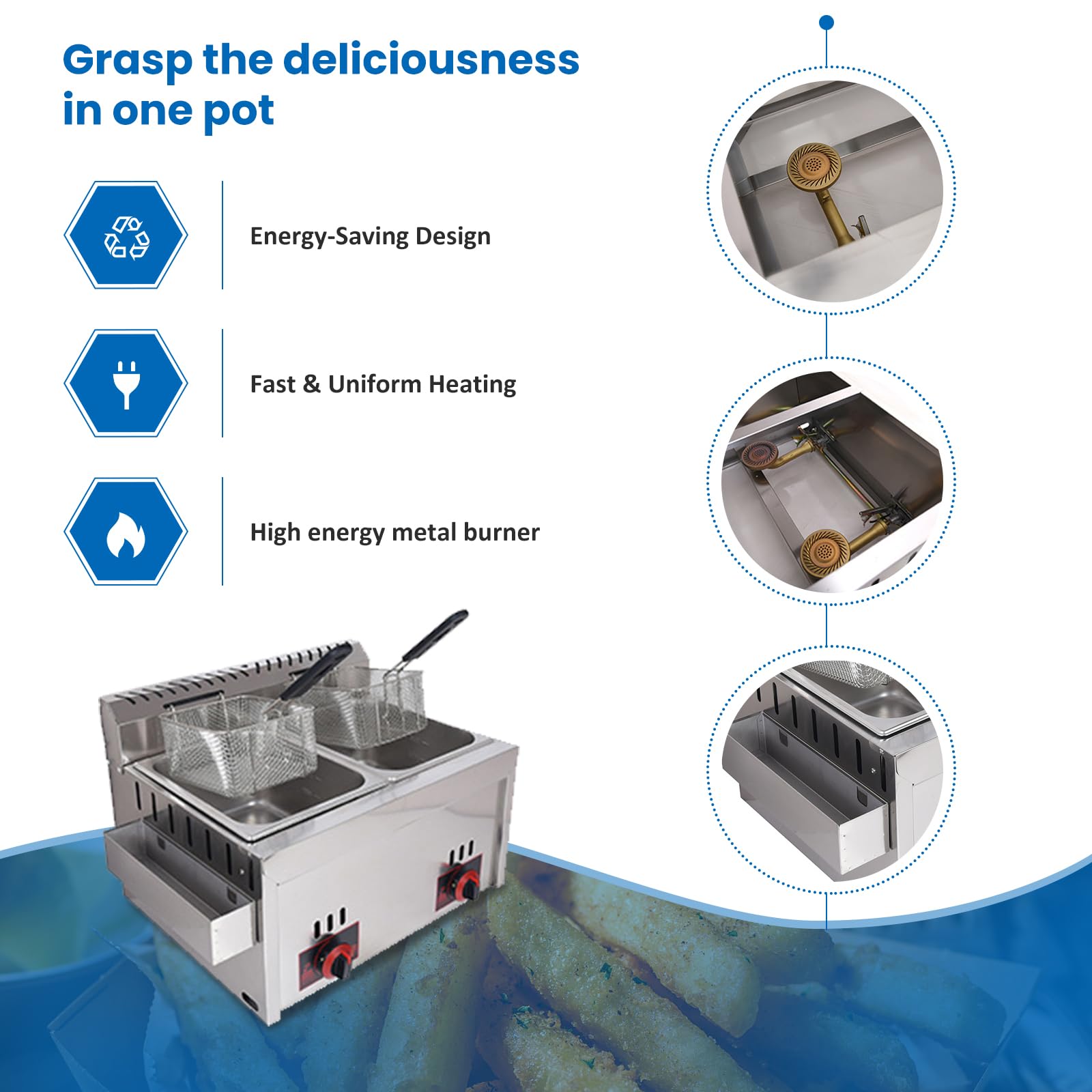 Freidora de gas de acero inoxidable con doble depósito y cabezal de freidora giratoria, freidora de aceite de encimera con copas de patatas fritas, 20 litros de volumen, freidora doble para cocina,