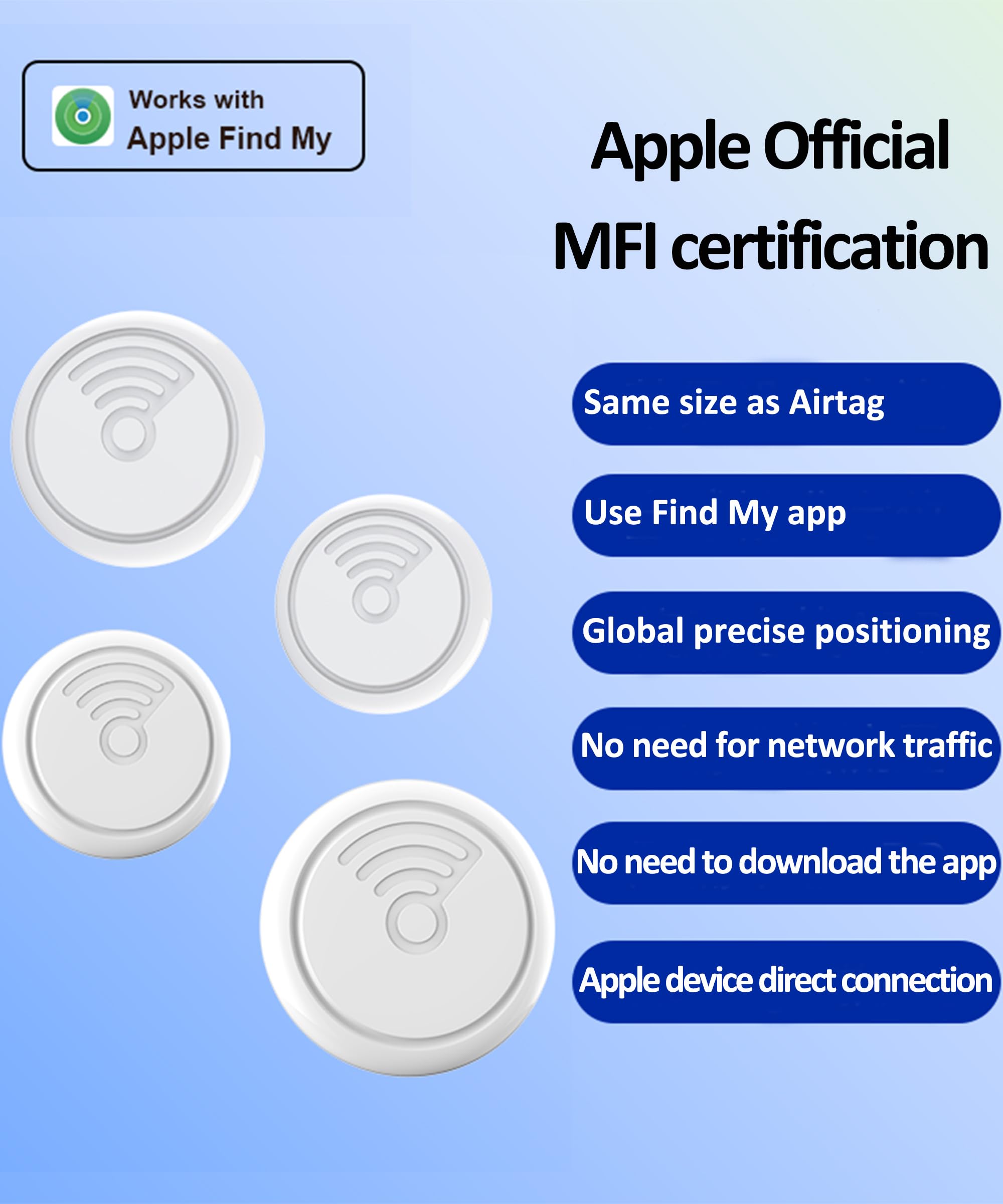 Smart Tags Lot de 4 localisateurs d'articles compatibles avec Apple Find My (iOS uniquement), localisateur Bluetooth IP65 pour clés, sacs, bagages