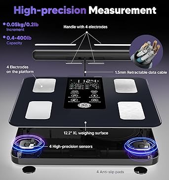 GE Smart Scale for Body Weight: 8-Electrode Digital Bathroom Scale for Weight Fat BMI Muscle Mass Full Body Composition Analyzer 50 Measurements Bluetooth Highly Accurate Weighing Machine 400lb Black