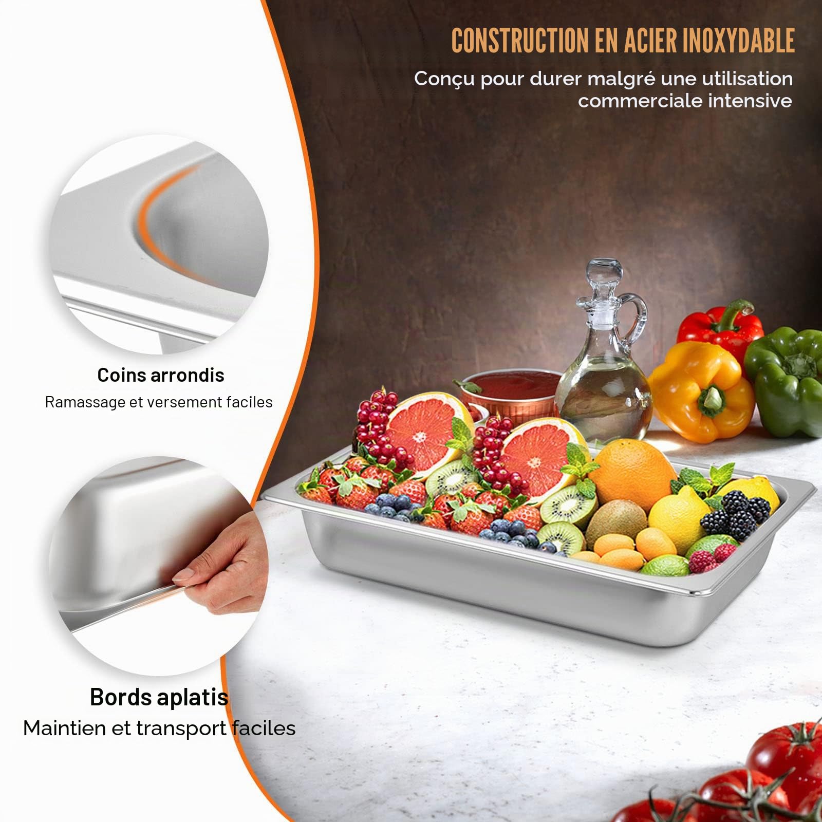 VEVOR Bac Inox Alimentaire Lot de 6 Plats à Four en Acier Inoxydable 13L Épaisseur 0,8mm Bac Poli Rectangulaire Effet Miroir Aliments Chauds et Froids pour Cuisine de Restaurant Gril Gâteaux Tartes