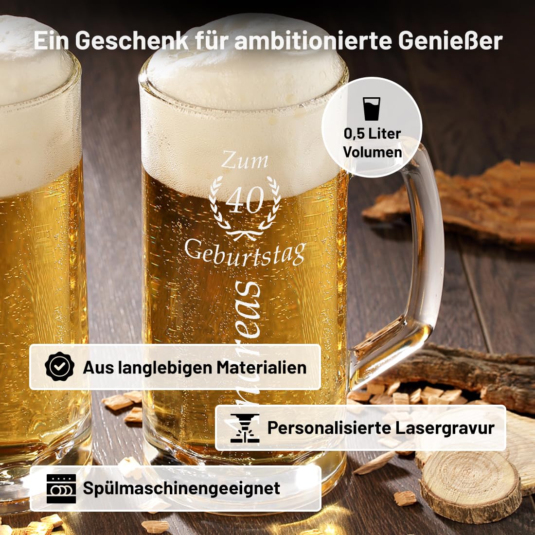 Bierkrug Personalisiert mit Gravur eines Namens und Jahreszahl im Ährenkranz – Bierseidel Geschenk-Idee zum Geburtstag - Motiv zum Geburtstag 0,5l