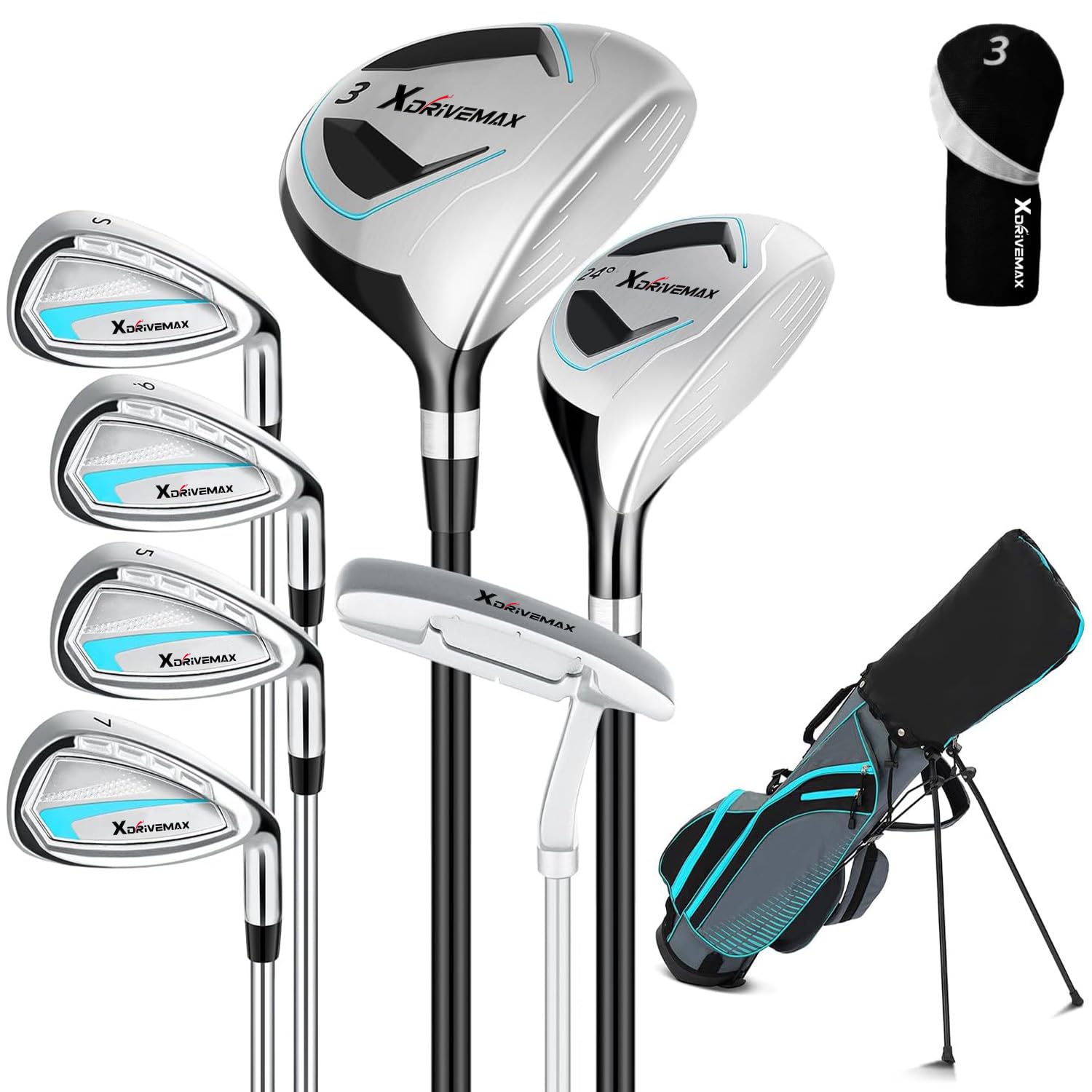 8 Pieces Complete Unisex Golf Club Set Right/Left Hand for Men Women Includes Stand Bag with Rain Hood, 3# Fairway Wood with Head Covers, 5# Hybrid, 5#, 7#, 9# S# Irons and Putter