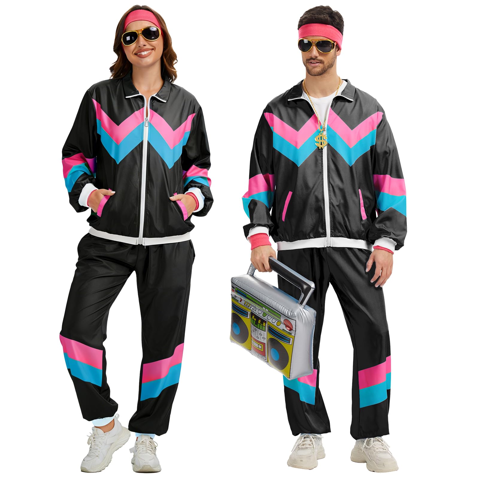 Disfraz de los años 80 y 90 para mujer, estilo retro de los años 80, chándal, chaqueta, pantalones, traje con cadena dorada, radio inflable, Halloween, carnaval para mujer