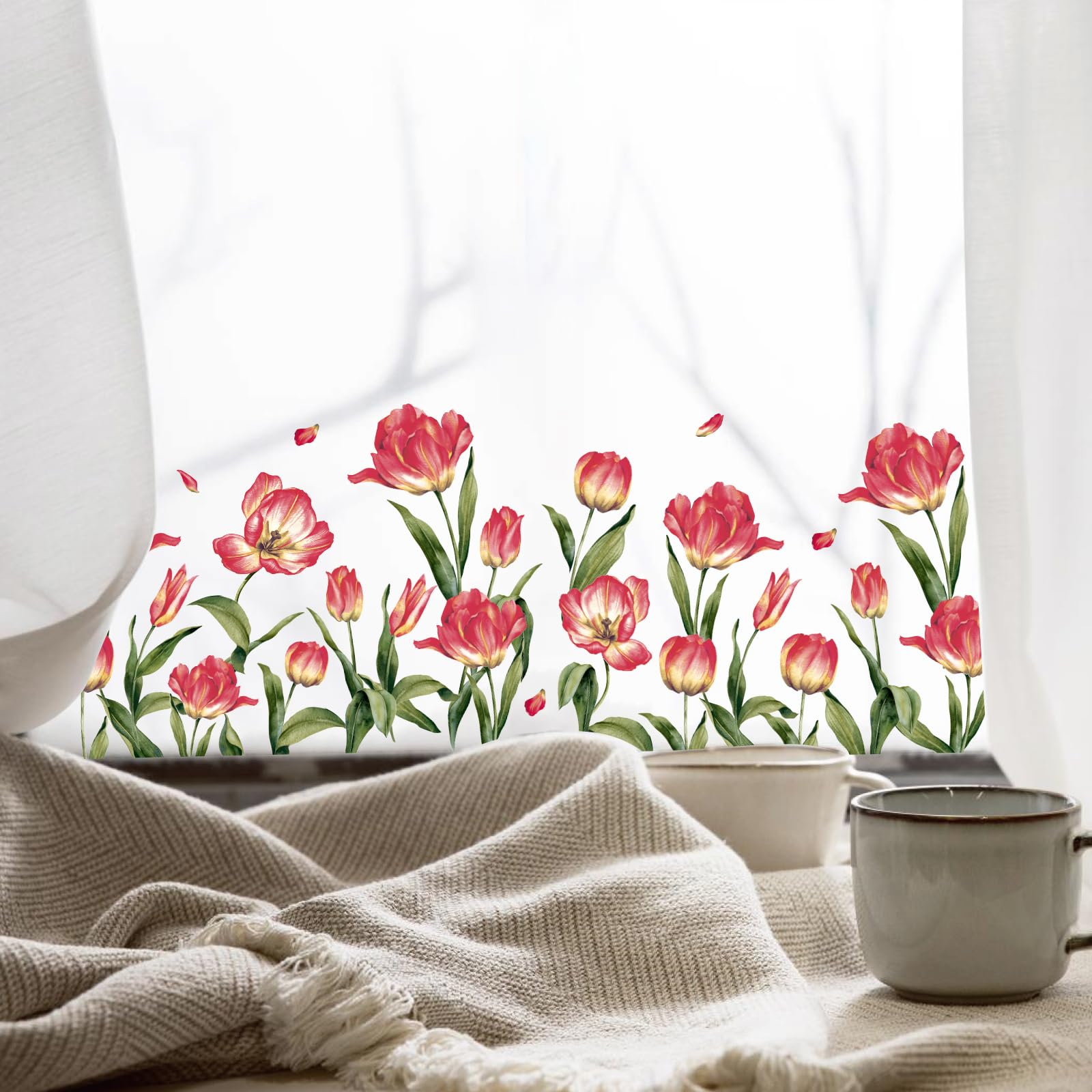 JarThenaAMCS 127Pcs Spring Summer Tulip Window Clings Floral Window Stickers Double-Side Glass Decals for Home Office School Party Shop Display Decorations