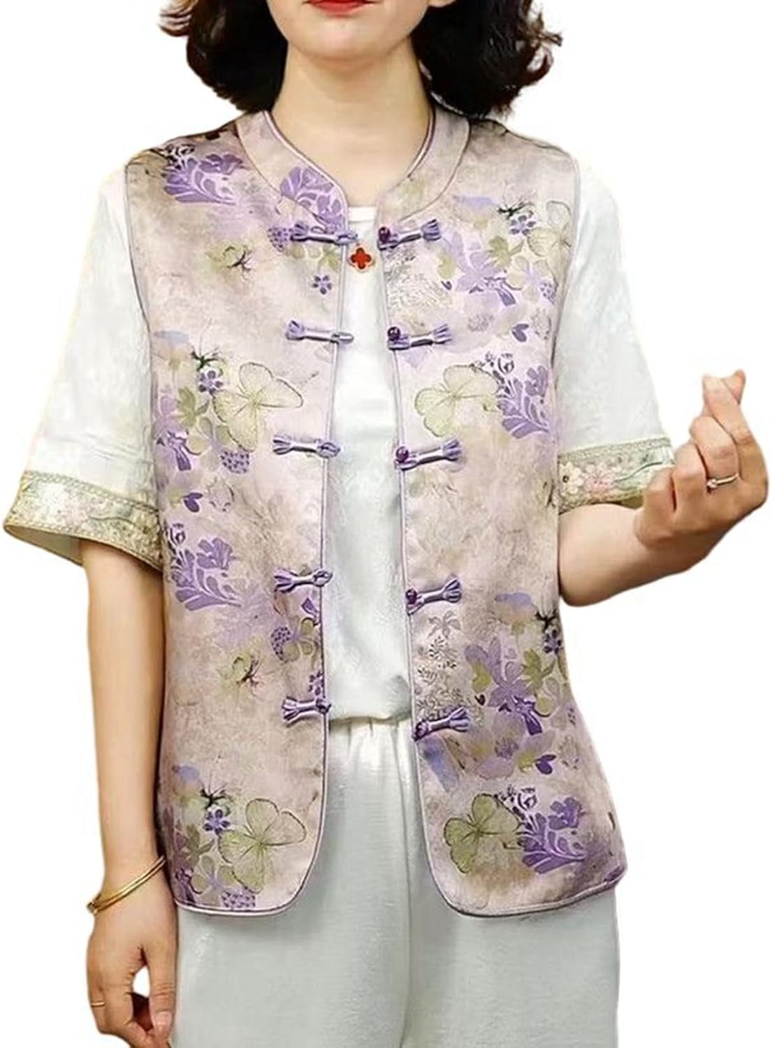 [RAMEMO] 中華風ベスト 唐装 レディース カジュアルベスト 高齢者 花柄 総柄 漢服 キレイめ 無袖 コート 前開き 伝統服