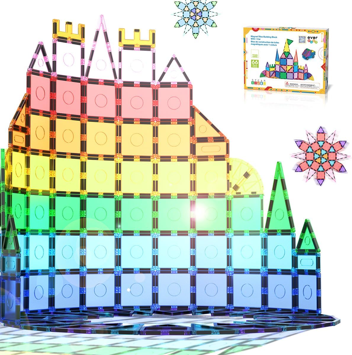 66 pc Magnetic Tiles with Multicolored Car Set, Building Blocks Toys, STEM Educational Learning Magnet Toy Preschool Montessori Boys & Girls Smart Kit Games Gifts for Age 3+ Kids Toddlers