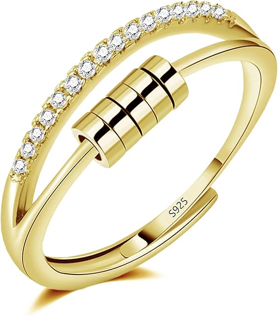Zolkamery Silver Anxiety Rings, 925 Sterling Silver Anxiety Fidget Ring, Silver Bead Spinner Rings, Adjustable Open Silver Stress Worry Beads Rings for Anxiety Women, Unisex Relaxing Jewellery Gifts