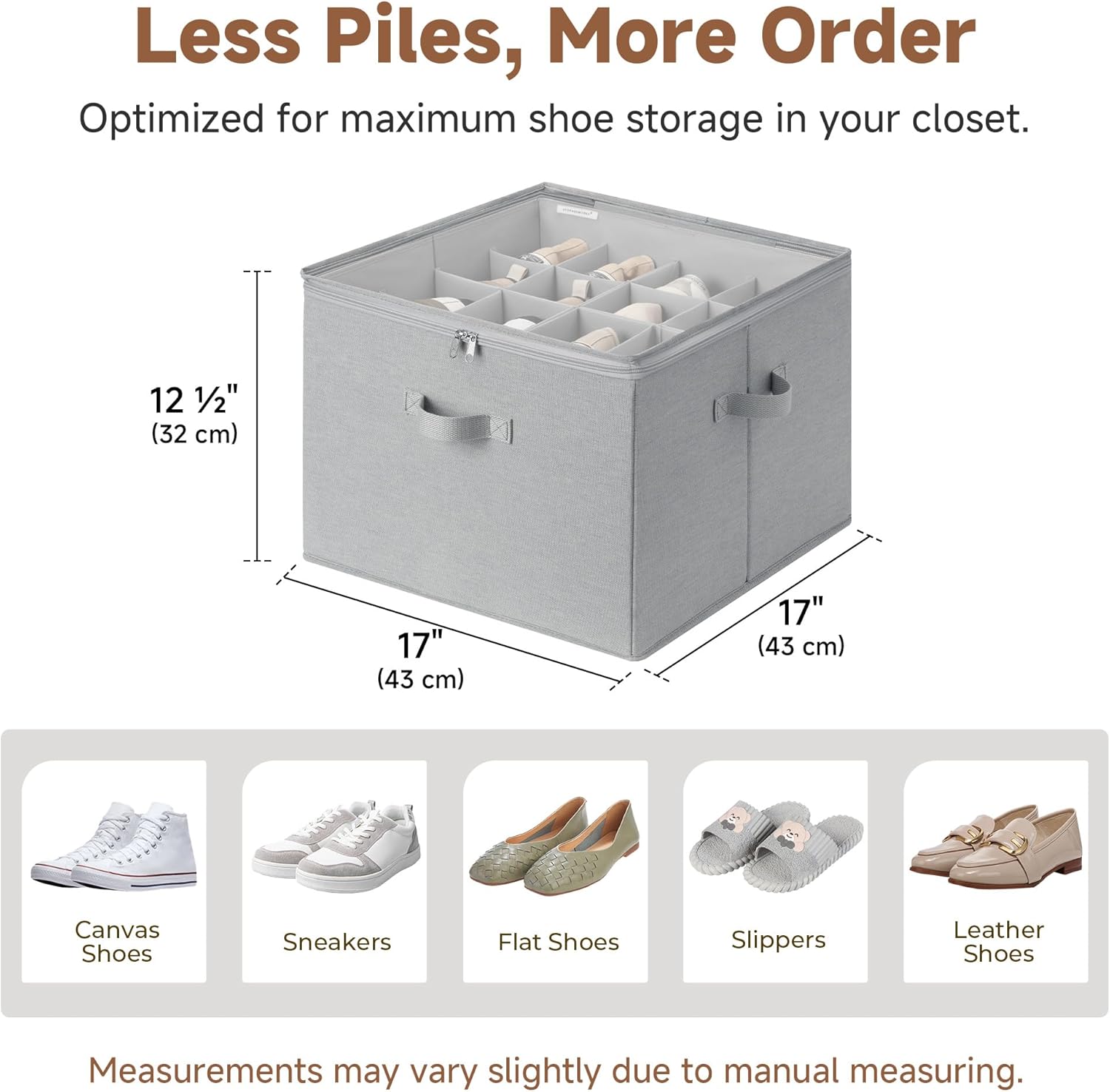 StorageWorks Shoe Organizer for Closet, Fits up to 16 Pairs, Shoe Cubby Storage Containers with Adjustable Dividers and Clear Cover, Grey