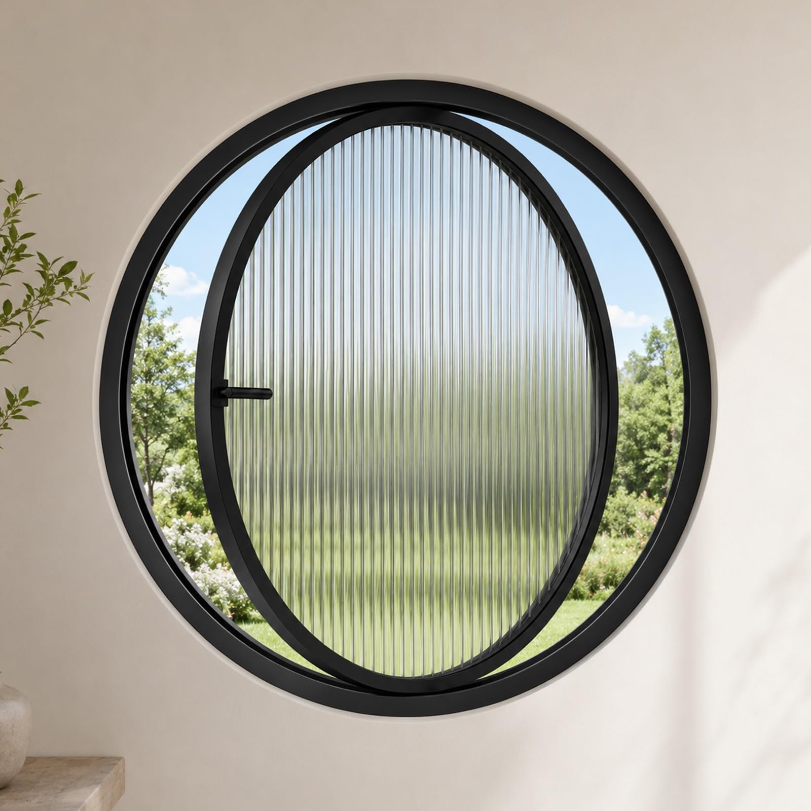 Circular Pivot Window 360° Rotation, Rotating Shed Window with Handle Ventilated, Round Window Aluminium Alloy + Tempered Glass, Decorative for Attics Hallways(Black B,35 CM/13.7 in)