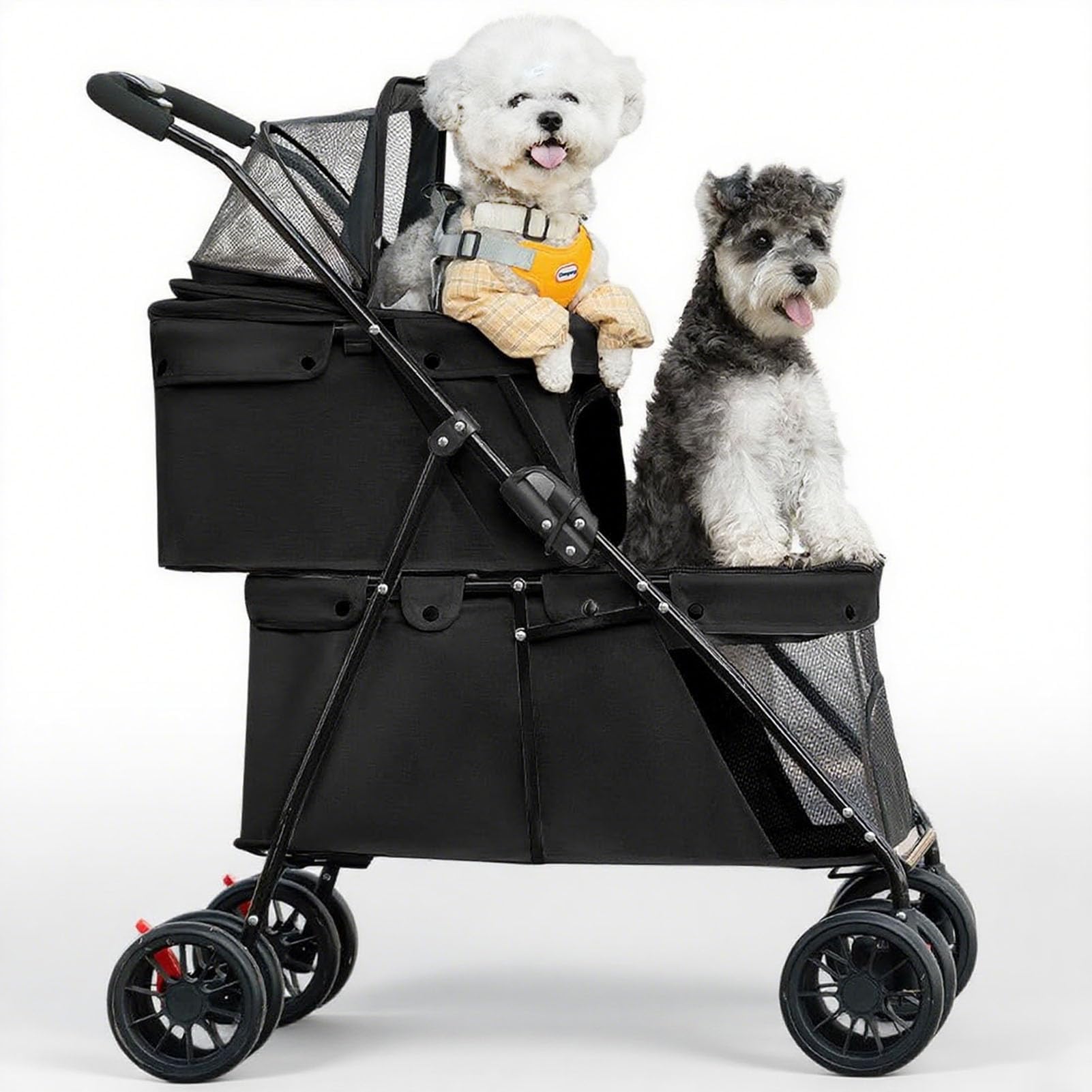 Dog Stroller 2-Layers, Foldable Pet Buggy for Small Medium Dogs 24kg, Cats Dogs Pushchair with Safety Belt Breathable Mesh 4 Wheels, Pet Pram Travel Strollers for Cats Puppies (Black)