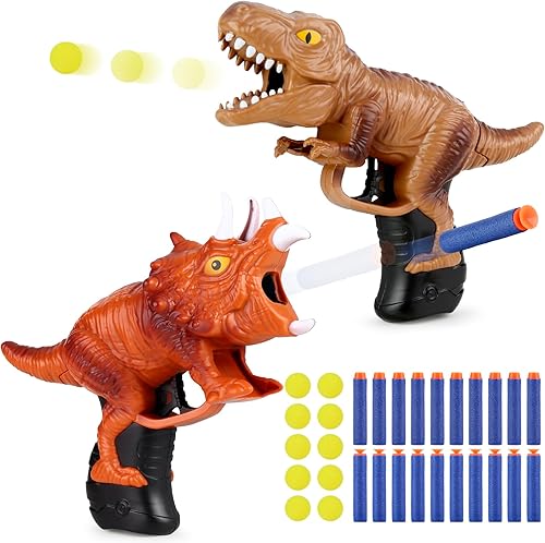 Pistola de espuma de dinosaurio para pistola Nerf de 5 a 7 años, mini pistolas de juguete de dinosaurio para niños de 4 a 6 años, T-rex y Triceratop