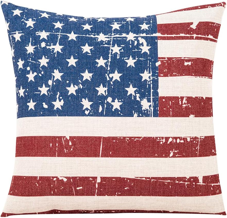 MR FANTASY Shabby Chic American Flag Throw Pillow Cover Cotton Linen Cushion Cover Case Farmhouse Pillowcase Cover Pillow Sham Independence Day Gift for Sofa Bed 18''x18'' Blue