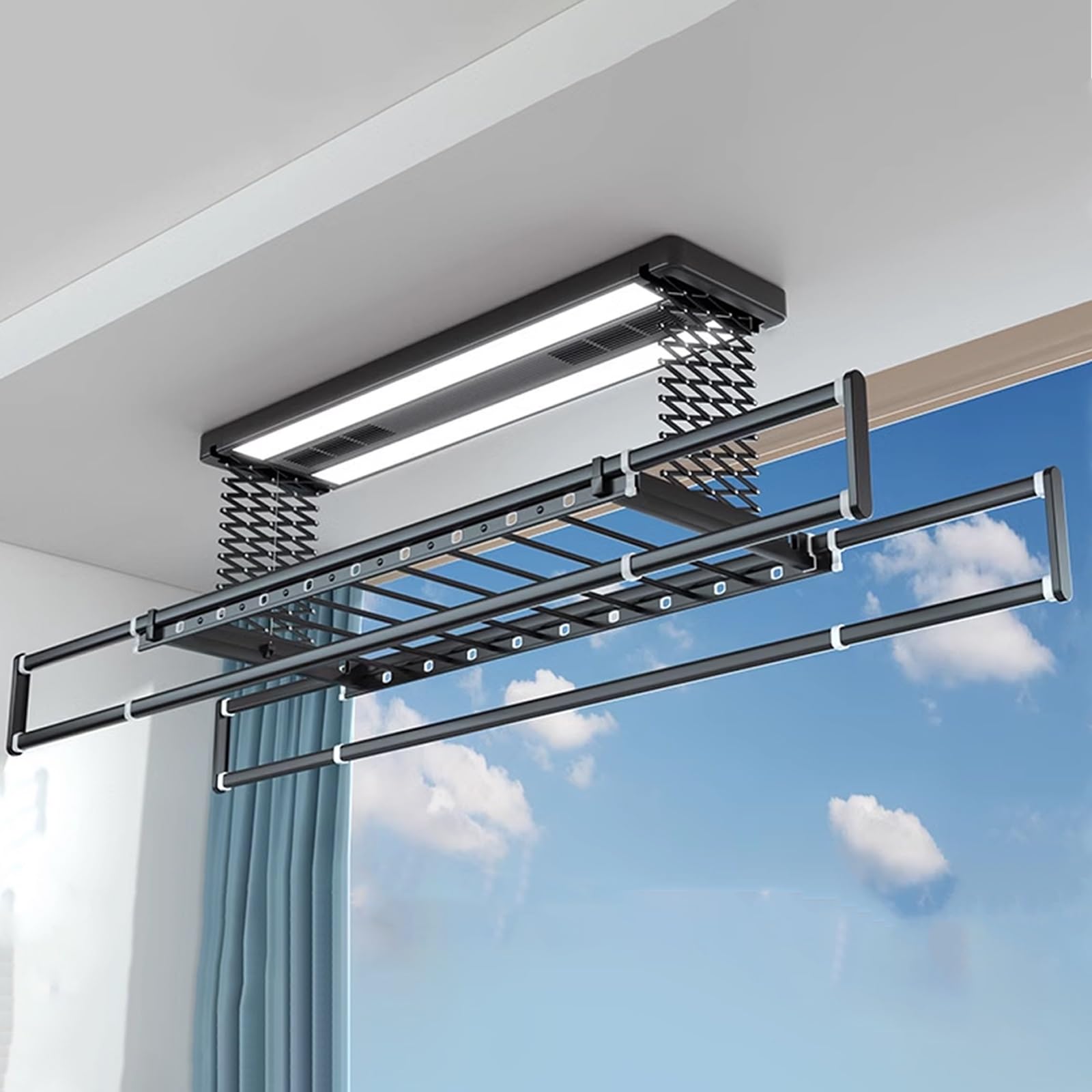 JKJZSALJ Clothes Drying Rack Foldable Compact With Load Of 35Kg, Indoor Clothes Drying Rack Retractable 135-220Cm For Large Sheet, Ceiling Clothes Drying Rack Electrical,Black