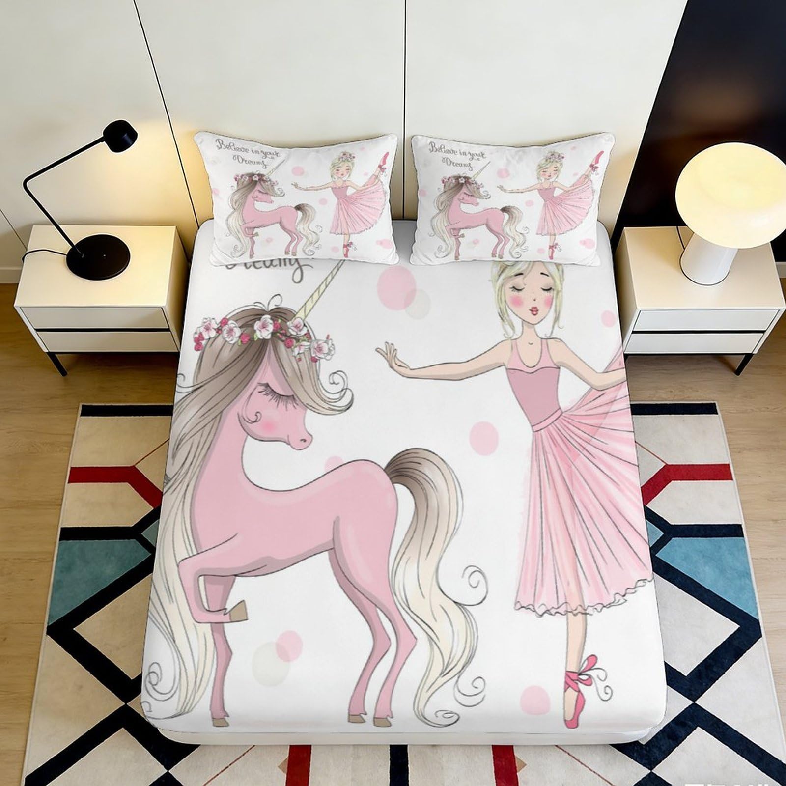3D Printed Fairy Unicorn Fitted Sheet Microfiber Deep Pocket Elastic Hem Fairy Unicorn Mattress Fitted Cover for Adults Teens 180x200x25cm