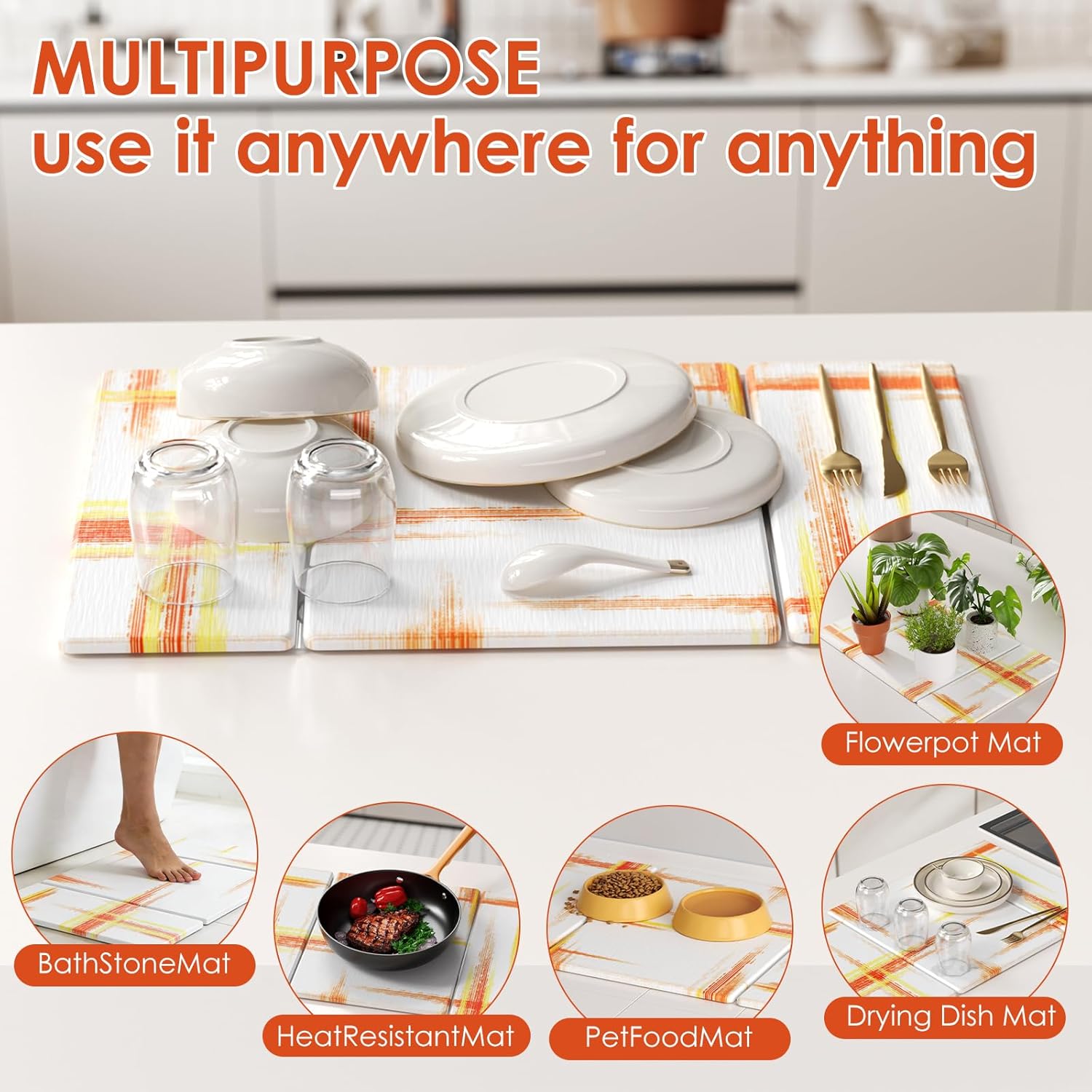 3 PCS Large Stone Dish Drying Mat for Kitchen Counter -24"x16" Absorbent Diatomaceous Earth Mat with Stone Faucet Mat & Soap Tray - Quick Dry, Collapsible, Non-Slip Countertop Organizer