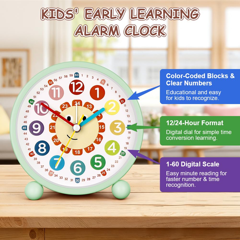 Despertador Infantil sin tictac,Despertador Infantil Silencioso Sin Tick Tick con luz Nocturna y Función de Repetición,Despertador Infantil para Oficina,Dormitorio,Niños,Reloj con Pilas — view 6
