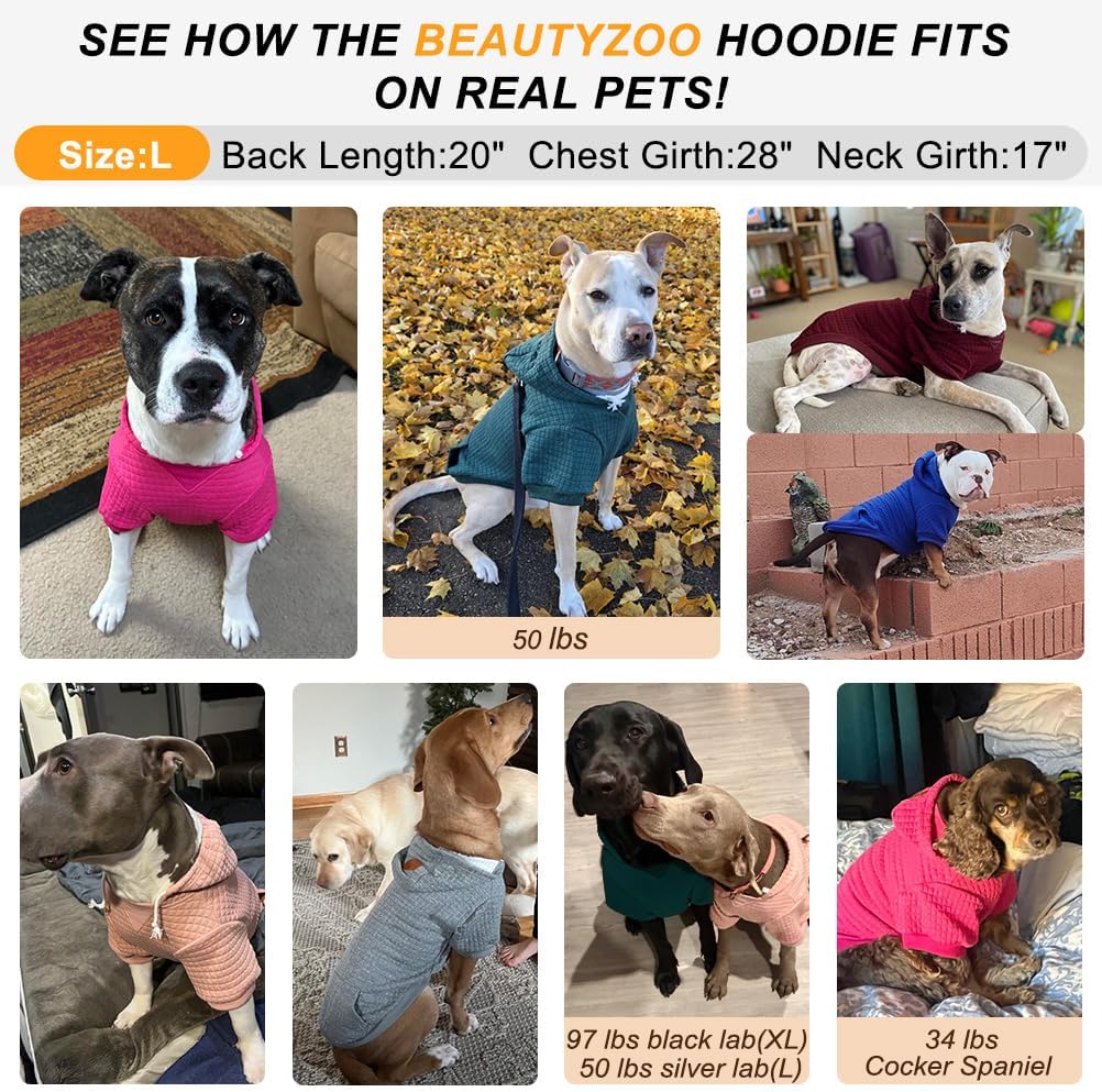 BEAUTYZOO Dog Hoodie with Leash Hole and Pocket,Dog Sweaters for Small Medium Large Dogs Boys Girls,Waffle-Like Laminated Cotton Warm Outfits for French Bulldogs, Pitbull, Winter Puppy Clothes Jacket
