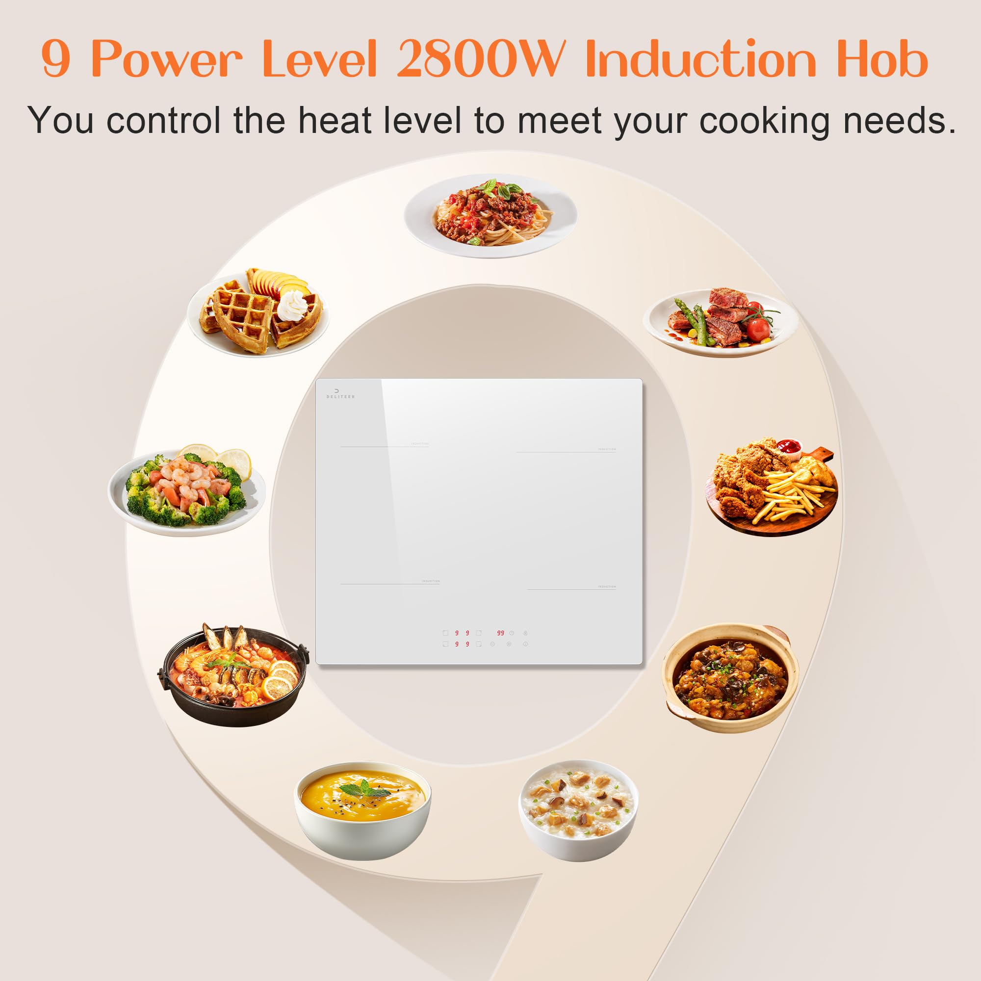 White Induction Hob Plug in DELITEER, 2800W Electric Hob 13amp, 60cm Induction Hob 4 Burners Built in, Touch Contol with Safety Lock, Timer, 220V — view 6