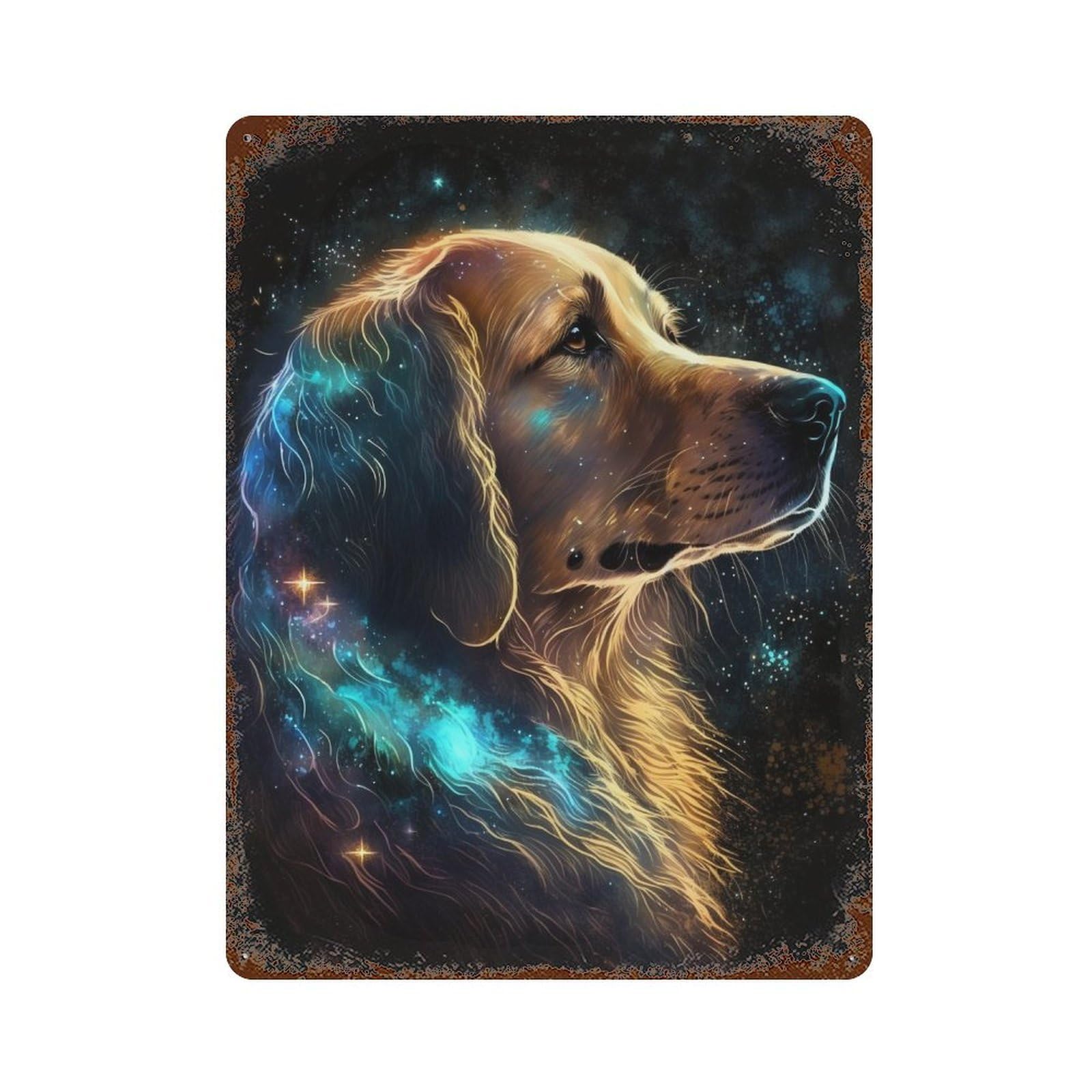 Galactic Golden Retriever Art Print Rustic Tin Plaque 15.7"x11.8", for Pub, Kitchen And Man Cave Decor, Vintage Wall Decor