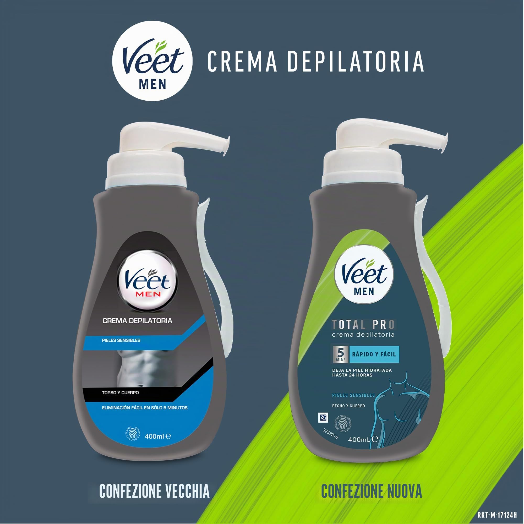 Veet Men - Crema depilatoria maschile per petto schiena braccia e gambe, pelli sensibili, colore grigio, 400 ml (confezione da 2)