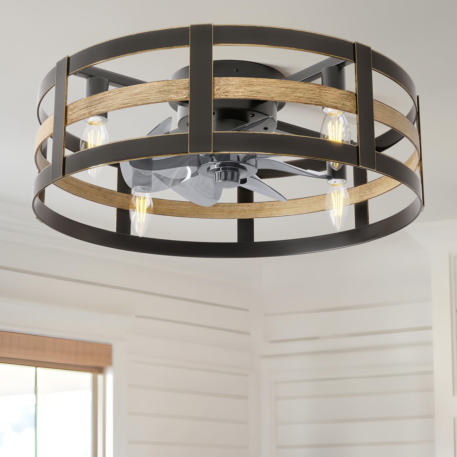 20" Ceiling Fans with Lights and Remote, 6 Wind Speeds 3 Timing Quiet Flush Mount Low Profile Caged Ceiling Fan for Bedroom Living Room Kitchen, Farmhouse Small Reversible Ceiling Fan, Black