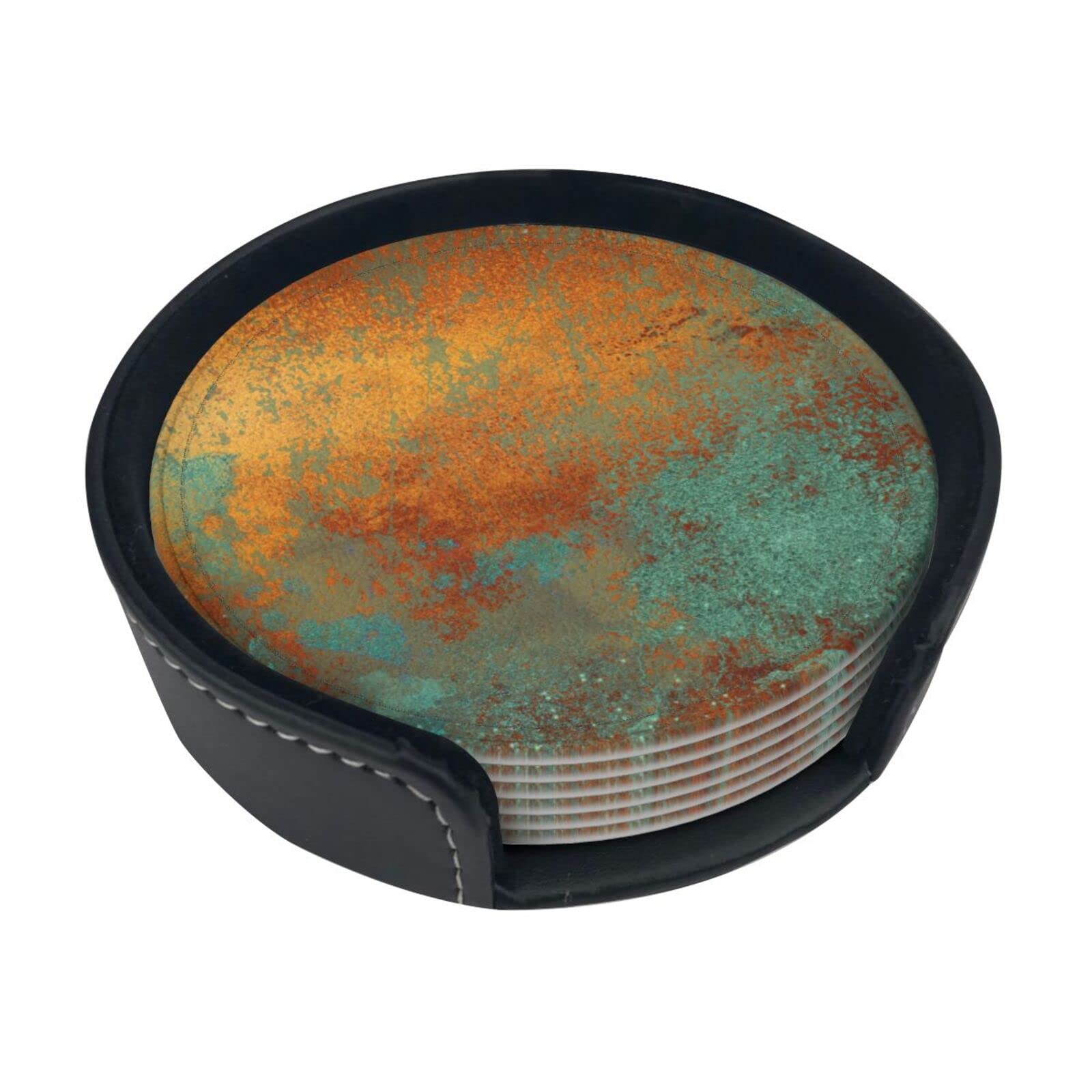 Round Coasters, Trendy Rich Copper Patina Metallic,Mugs Pad Cups Mat Set of 6 Leather Drinks Coasters with Holder