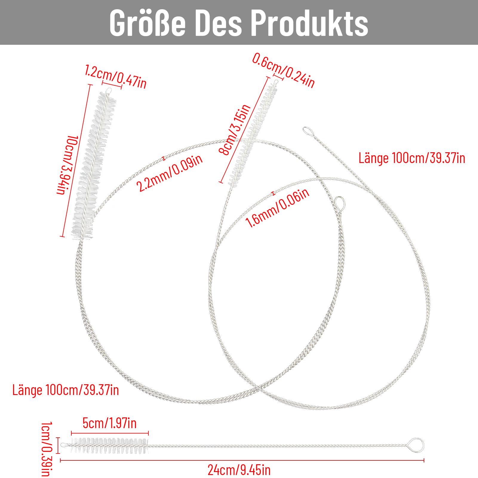2 cepillos de Manguera 100 cm, Limpiador de Tubos, Cepillo Flexible para Tubos, Blanco, con 2 cepillos de pajitas de 24 cm, Cepillo Largo de Nailon para Tubo, para pajitas, mangueras, teteras