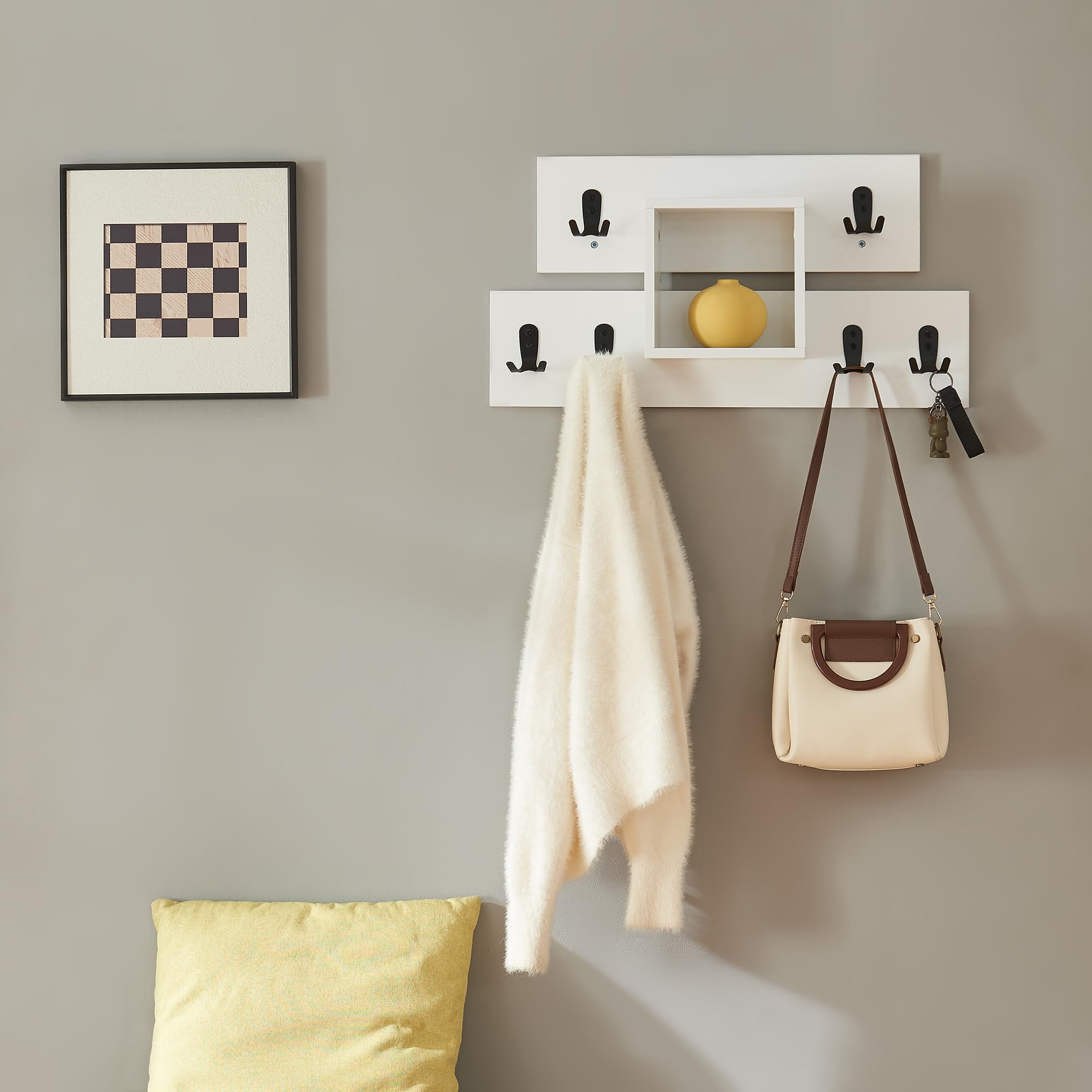 [en.casa] Perchero Mural Vänd con 6 Ganchos Dobles Perchero de Entrada Mueble Recibidor con Compartimento Abierto 32 x 60 x 14 cm - Blanco