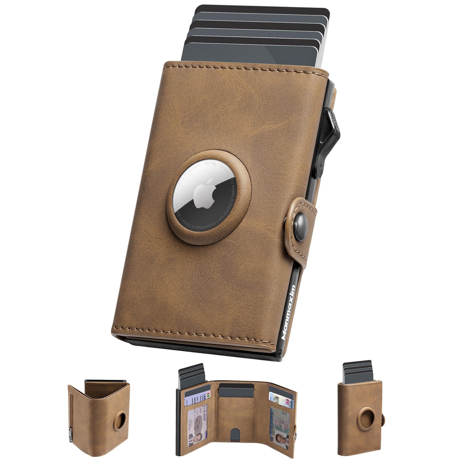 Manmaxim Slim Wallet für Apple Airtag, Super Kompakt AirTag Kartenetui Große Kapazität Portmonee Herren für 12 Karten & 2 Ausweis, RFID Geldbörse Smart Wallet mit Münzfach, Vintage Braun