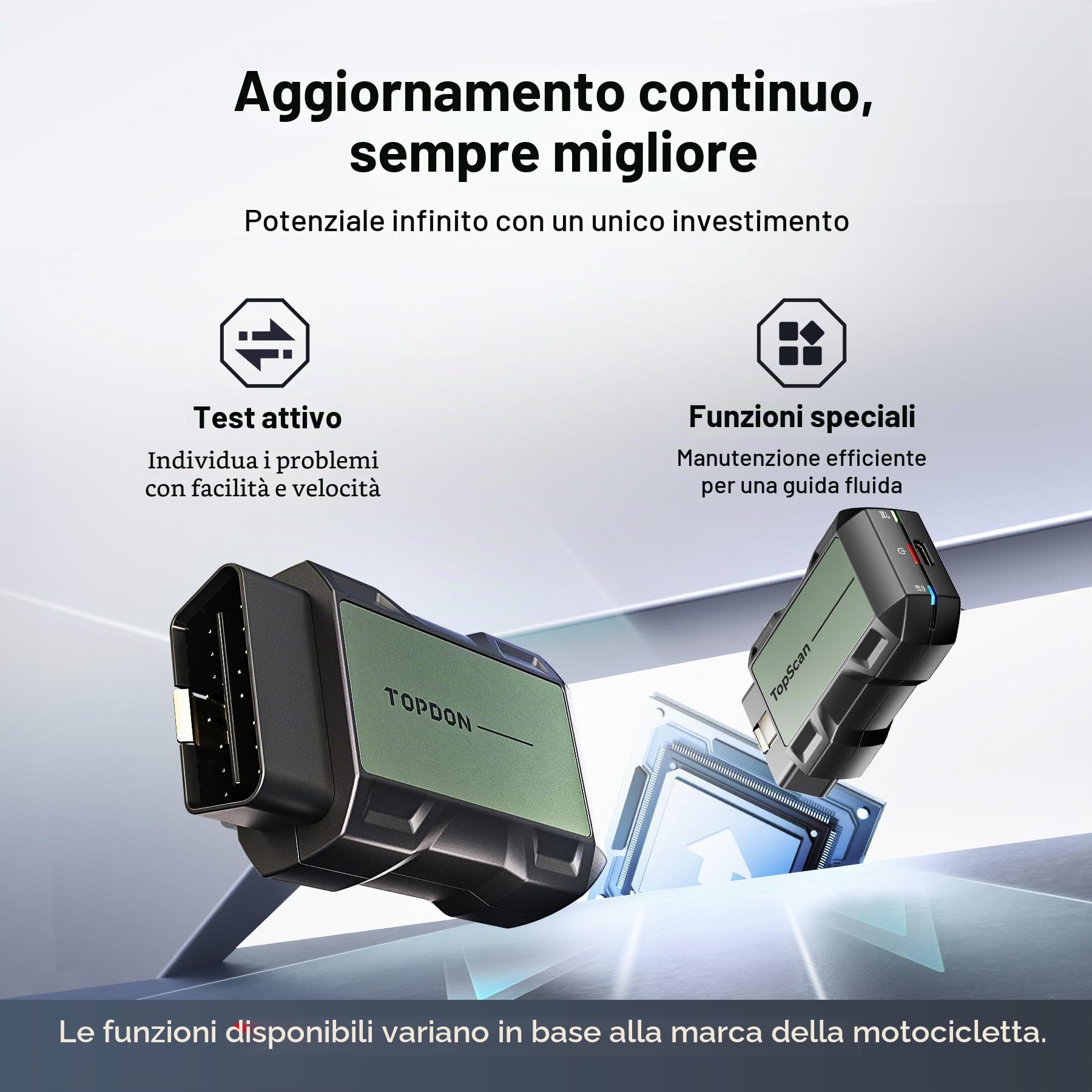 TopScan - Strumento diagnostico OBD2 per moto, lettore di codice OBD2 senza fili, adatto per Harley, Ducati, BMW, tutti i sistemi, strumento di scansione per moto, con funzioni di ripristino a caldo,