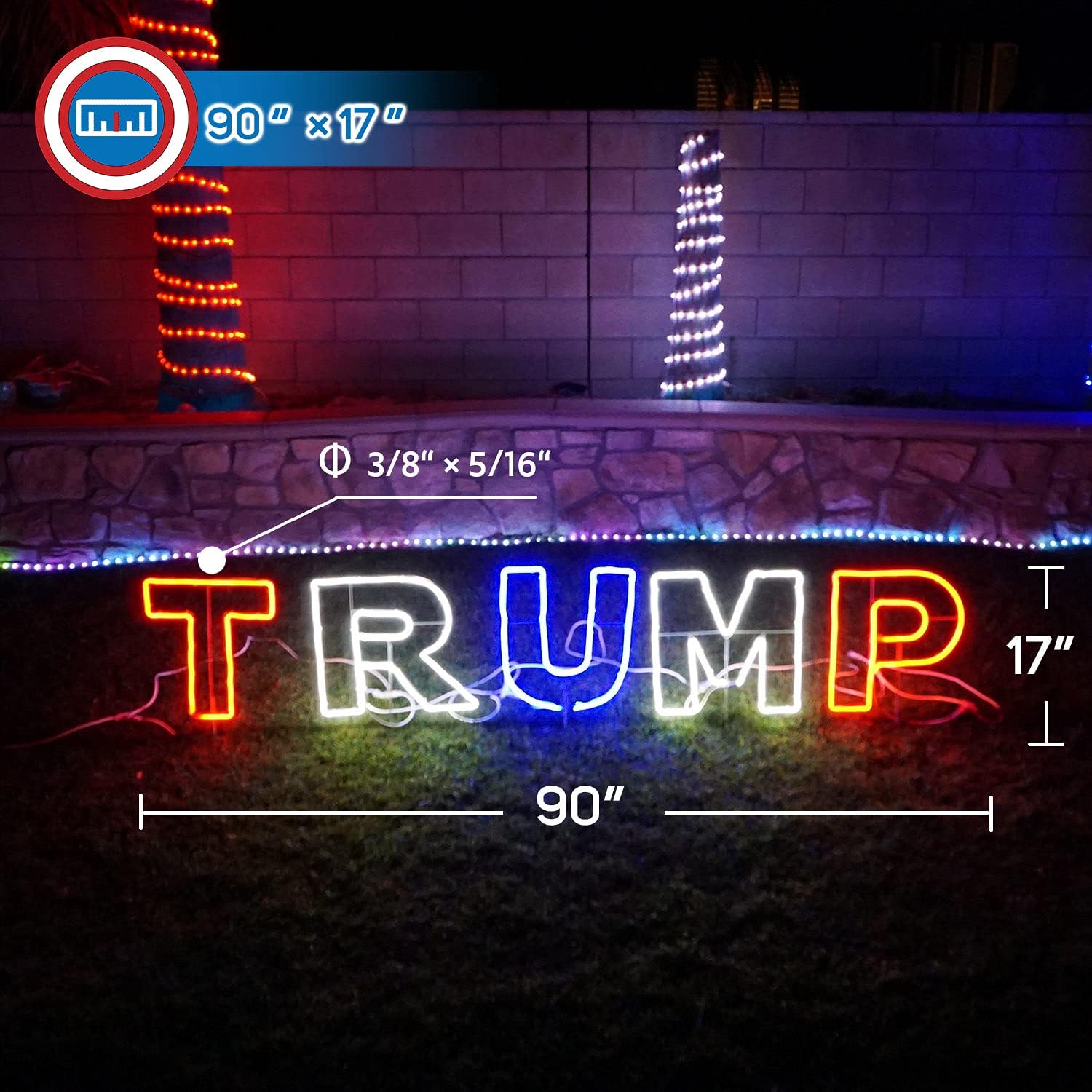 Russell Décor Patriotic President Donald Trump Neon Yard Sign Lights for Lawn Signage with 4-Levels of dimmable Control (90'' x 17'', Red White Blue)