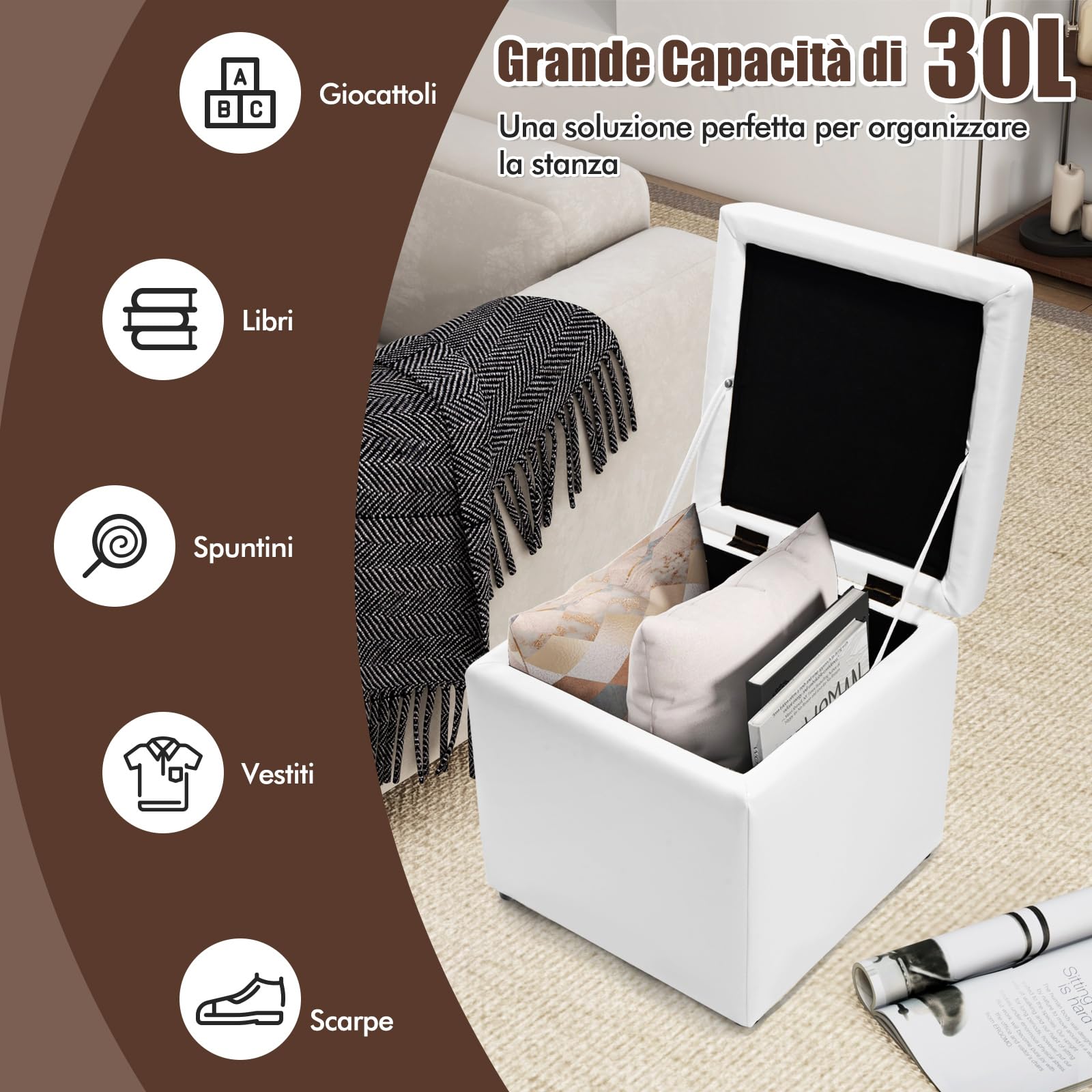 COSTWAY Pouf Contenitore Quadrato, Cubo Poggiapiedi di 30 L, Carico Max. 150 kg, 40 x 40 x 40 cm (Bianco)