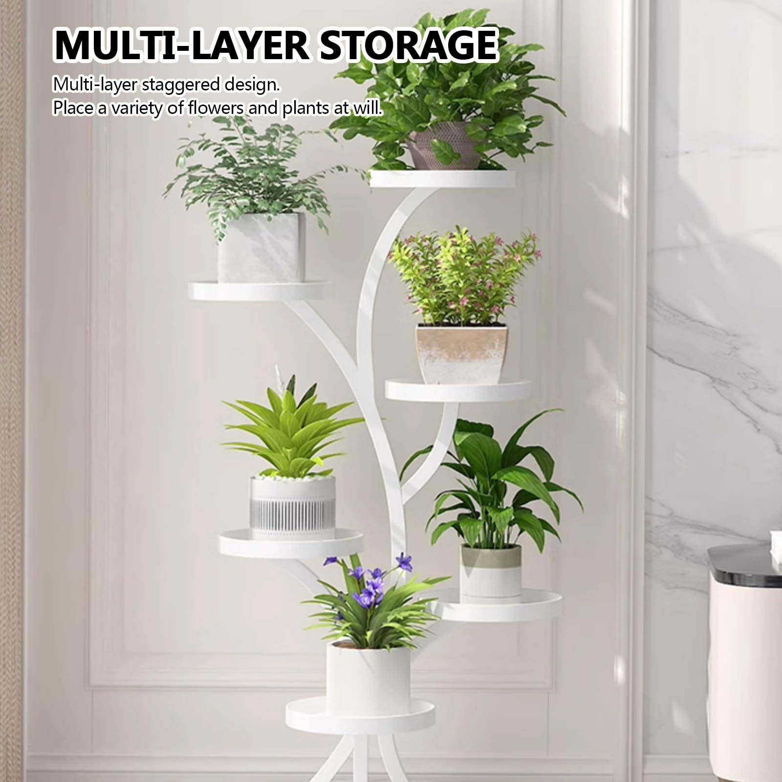 Modern Metall Wohnzimmer pflanzentreppe mit Rädern, innen Zimmerecke deko blumenbank regal, outdoor gartenregal blumentreppe wetterfest, outdoor balkon pflanzenregal, für,Terrasse,Hof.(Wit)