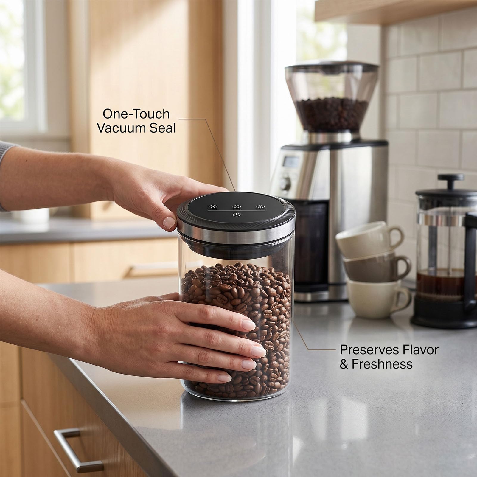 Automatischer Vakuum-Kaffeekanister, Digitaler Bildschirm, Luftdicht Verschlossener Deckel, Glas-Lebensmittelaufbewahrungsbehälter mit Präziser Vakuumzeit für Kaffeebohne