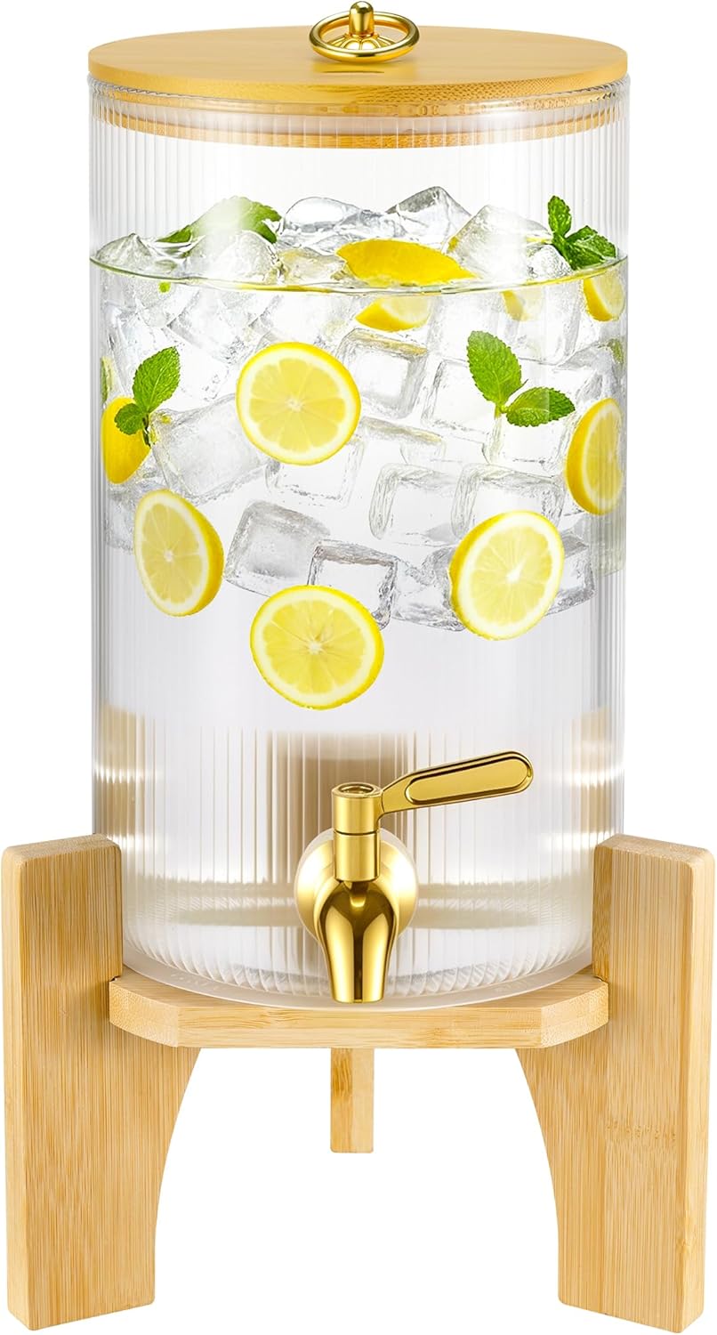 NiHome 1.3 Gallon Drink Dispenser for Parties, 4.9 L Glass Iced Beverage Dispenser, Large Glass Party Drink Dispensers for Lemonade, Tea & Juice, Bamboo Lid, Wood Stand & Stainless Steel Spigot (1PC)