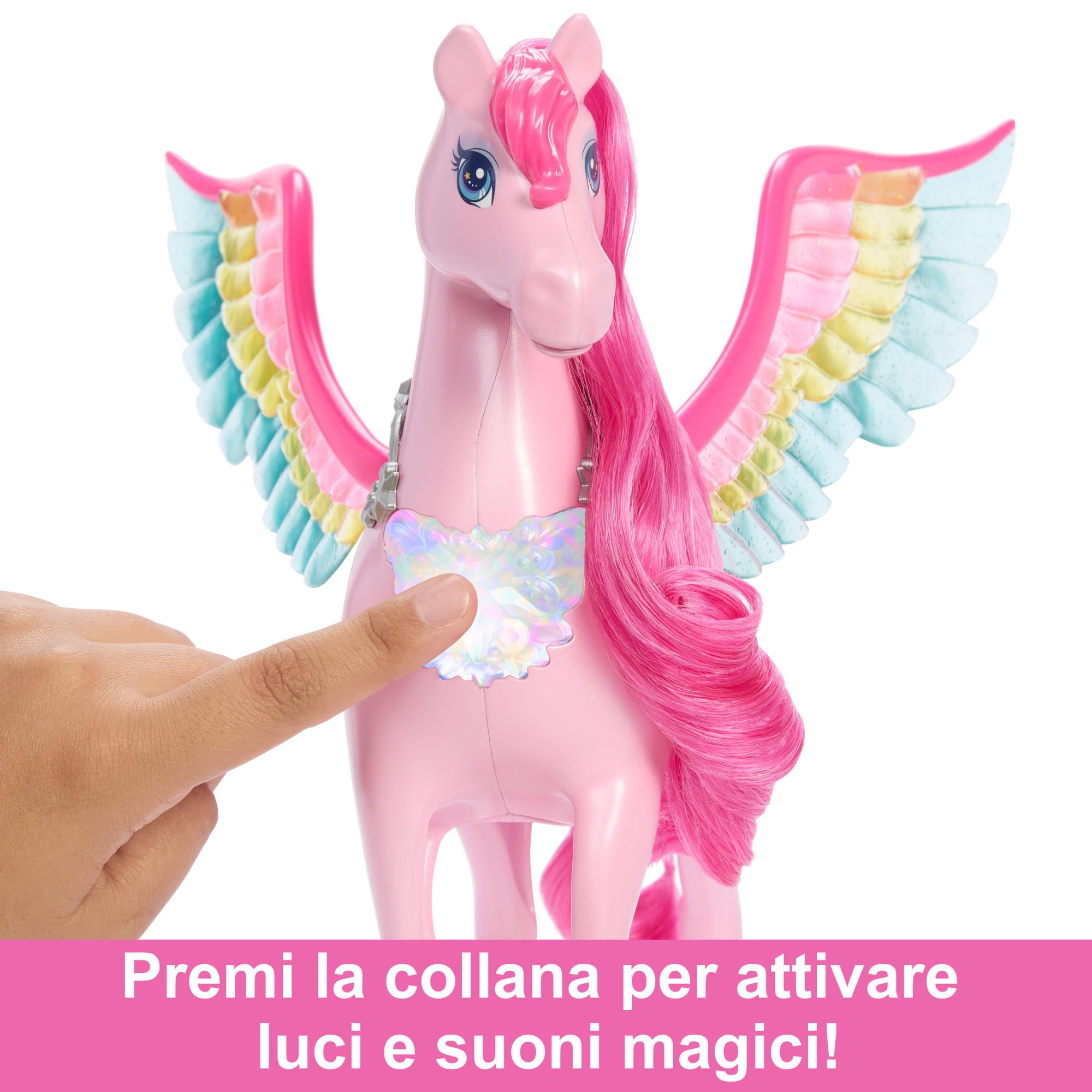 Barbie Un Tocco di Magia - Pegaso Rosa, pegaso magico cavallo alato con un cagnolino e 10+ accessori inclusi, criniera e coda rosa e ali arcobaleno, giocattolo per bambini, 3+ anni, HLC41